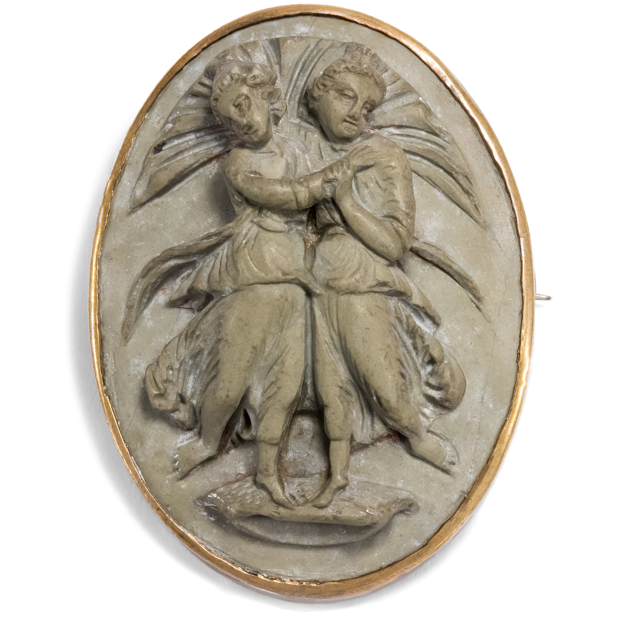 Graceful "Lava" Comeo With Dancing Muses As Brooch, Italy Circa 1870