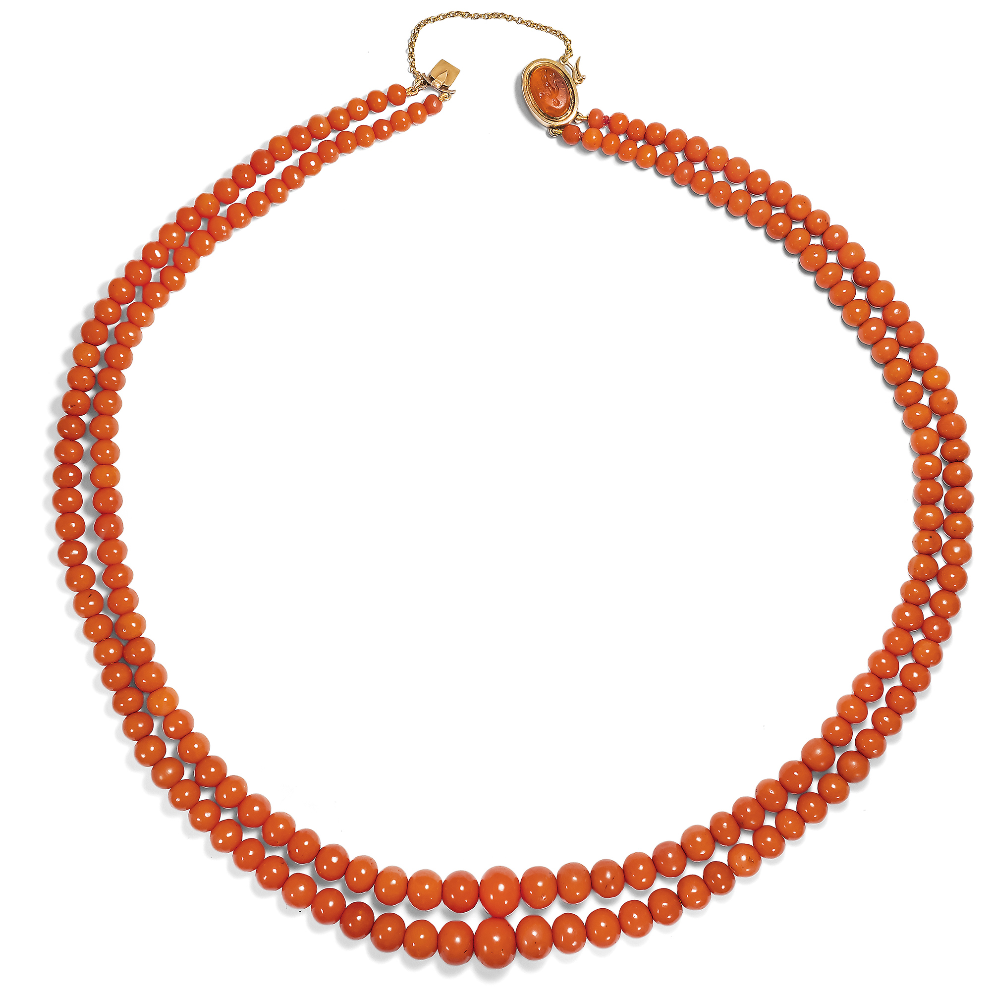 Precious Coral Necklace With A ntique Roman Intaglio of the "Bonus Eventus", Circa 1900