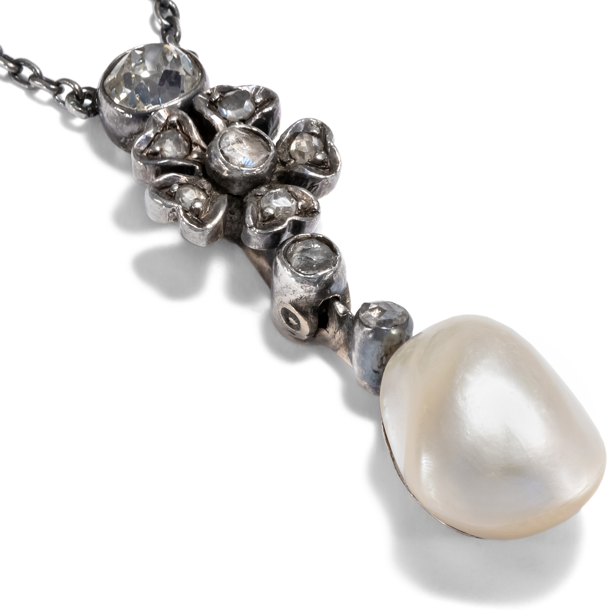 Antique Pendant Necklace with Pearl & Diamonds in Silver & Gold, circa 1900