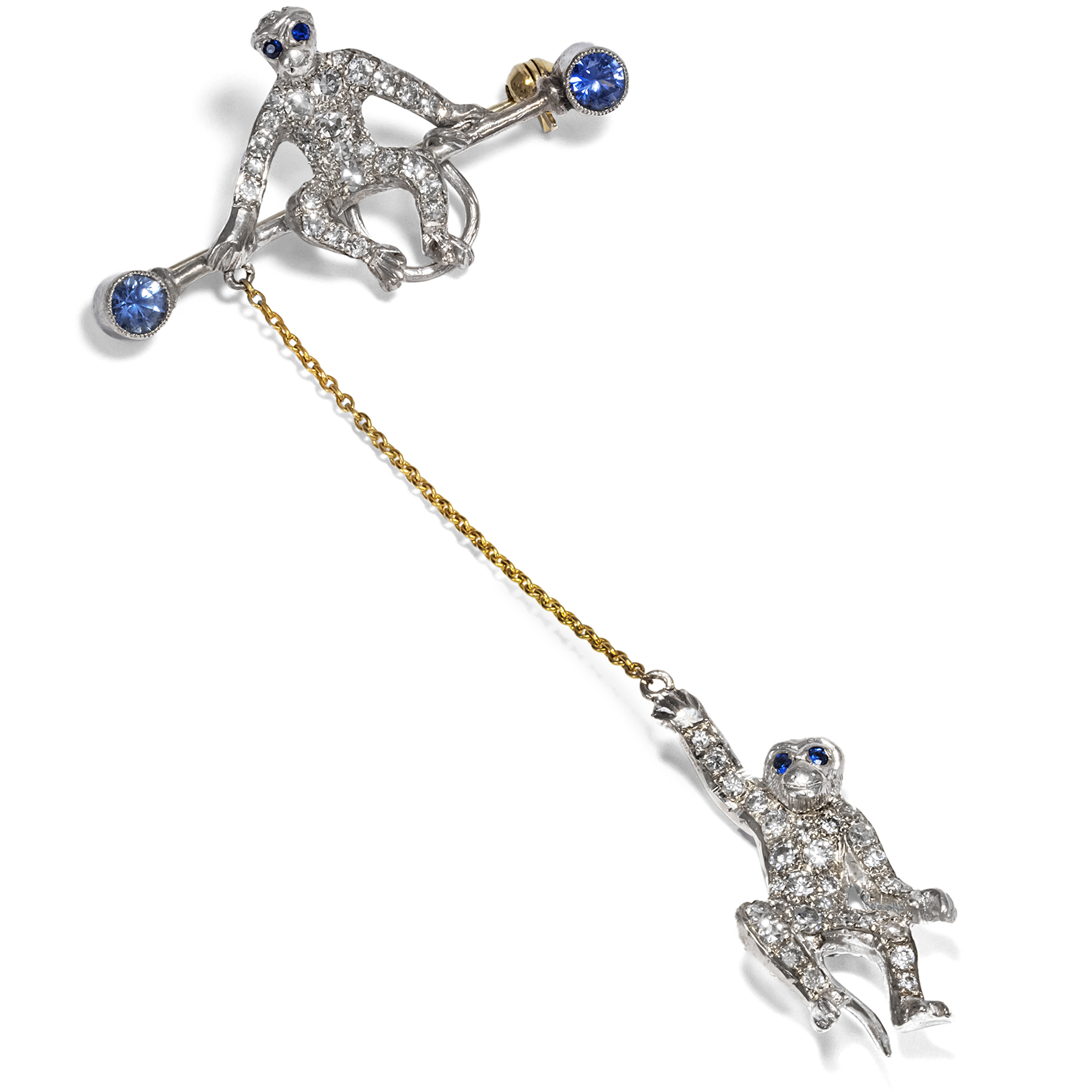 Funny Brooch In Silver & Gold With Diamonds And Sapphires, Around 1910 And Later