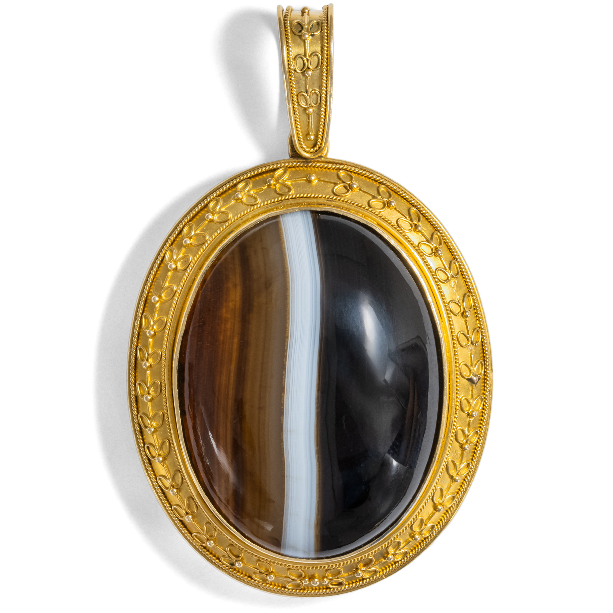 Large Antique Locket Pendant With Layered Agates In Gold, Circa 1875