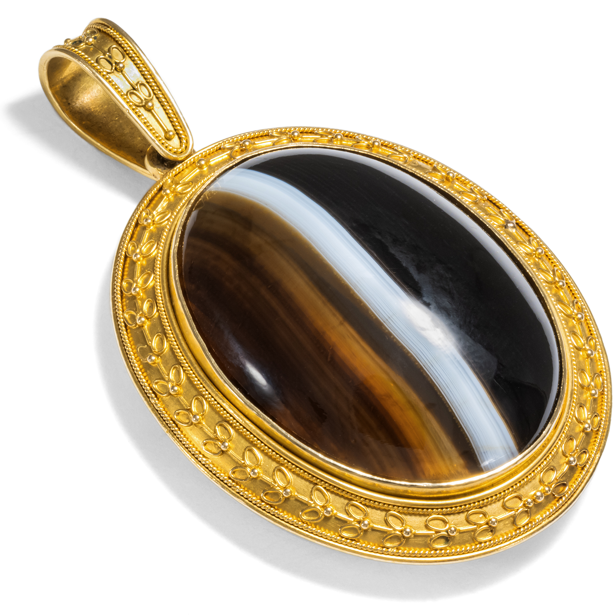 Large Antique Locket Pendant With Layered Agates In Gold, Circa 1875