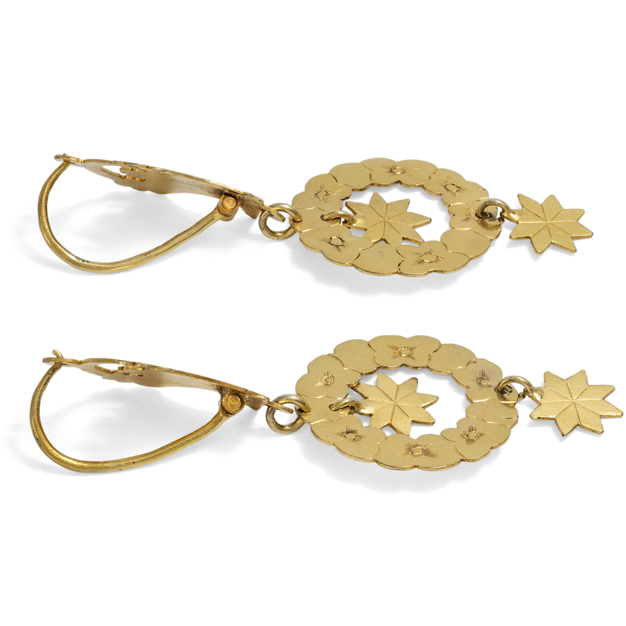 Italienische Ohrringe mit Kränzen, Sternen & Körben, um 1850 Italienische Ohrringe mit Kränzen, Sternen & Körben, um 1850