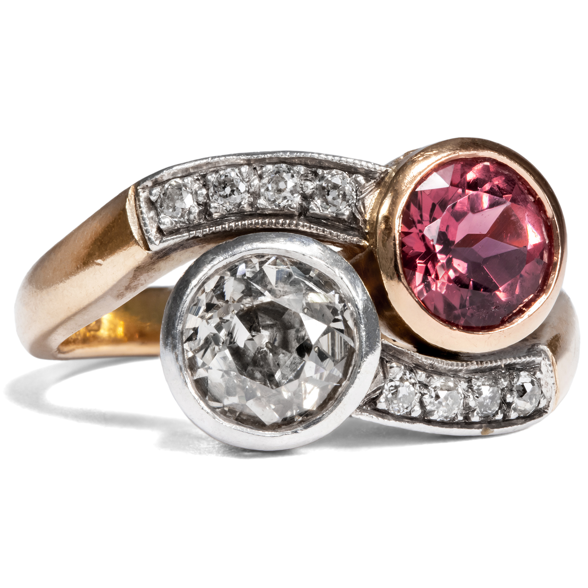 Large Toi-et-Moi Ring With Diamonds & Pink Tourmaline, Vienna Circa 1950