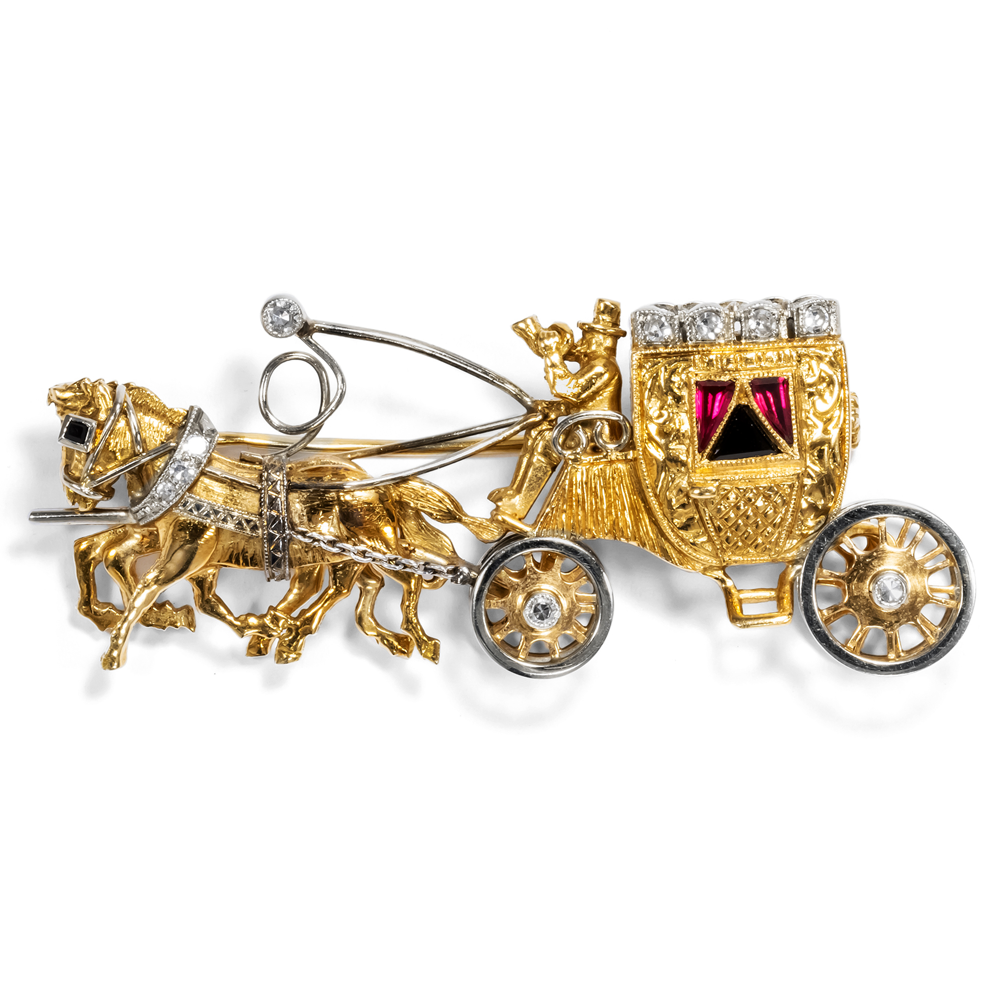 Funny Vintage Brooch in The Shape of a Stagecoach of Gold & Diamonds, Austria Circa 1970