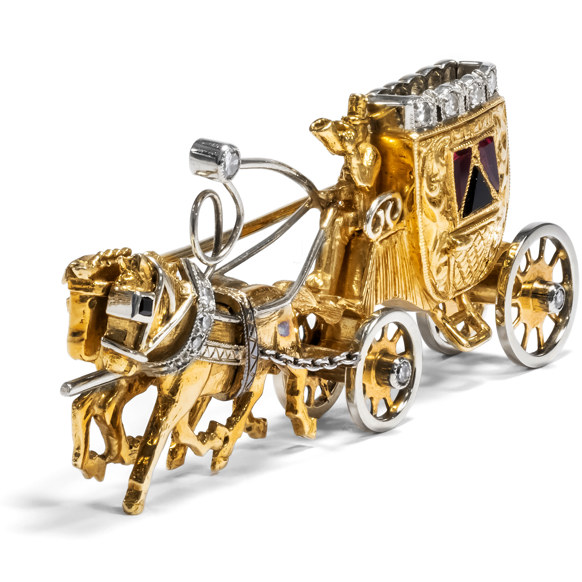 Funny Vintage Brooch in The Shape of a Stagecoach of Gold & Diamonds, Austria Circa 1970