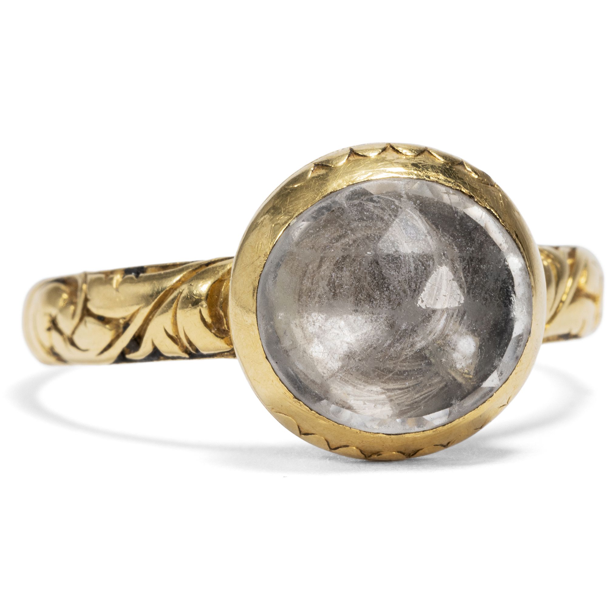 Barocker Goldring mit Haar unter Bergkristall, Großbritannien, datiert 1707 Barocker Goldring mit Haar unter Bergkristall, Großbritannien, datiert 1707