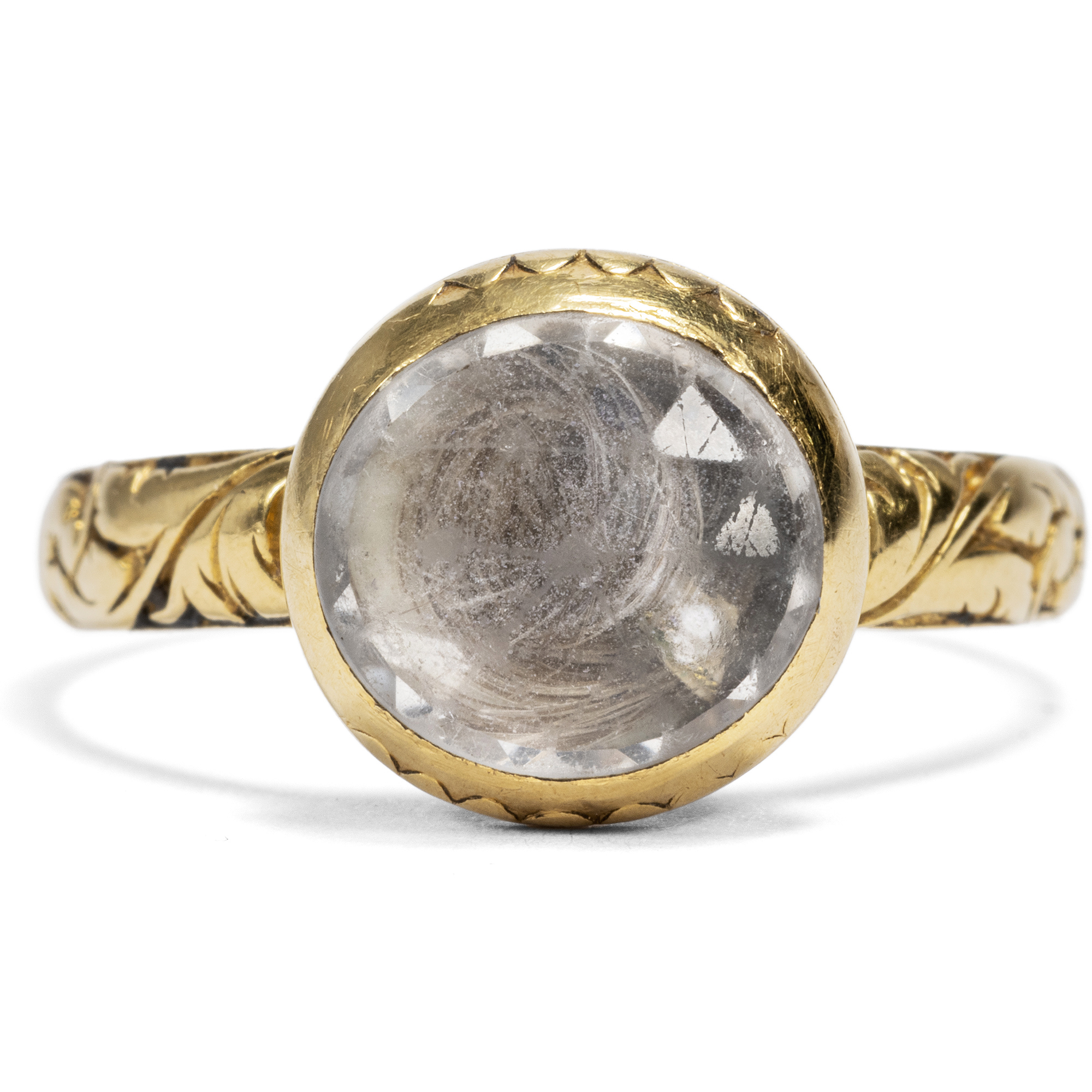 Barocker Goldring mit Haar unter Bergkristall, Großbritannien, datiert 1707 Barocker Goldring mit Haar unter Bergkristall, Großbritannien, datiert 1707