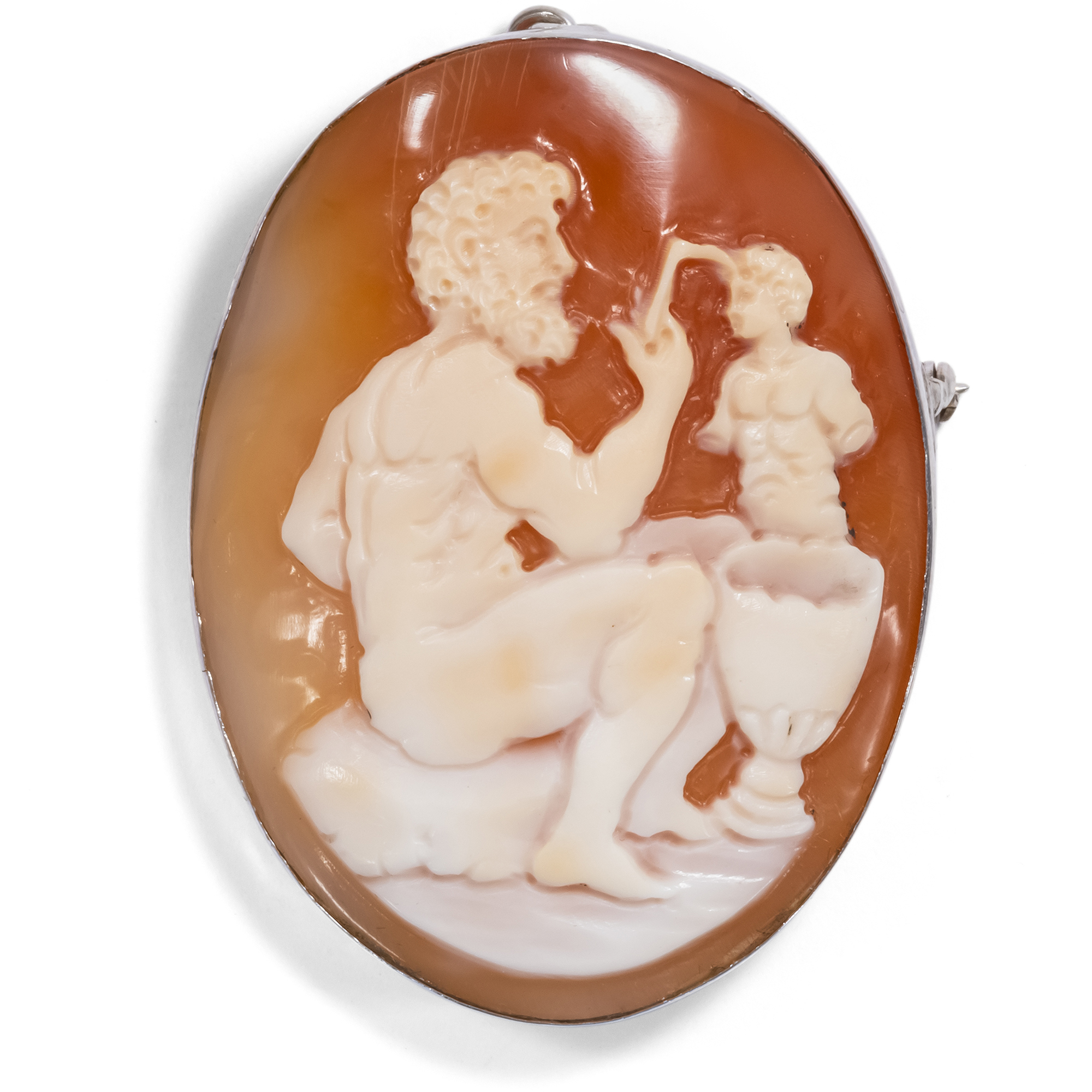 Vintage Shell Cameo Of Prometheus In Silver, Mid 20th Century.