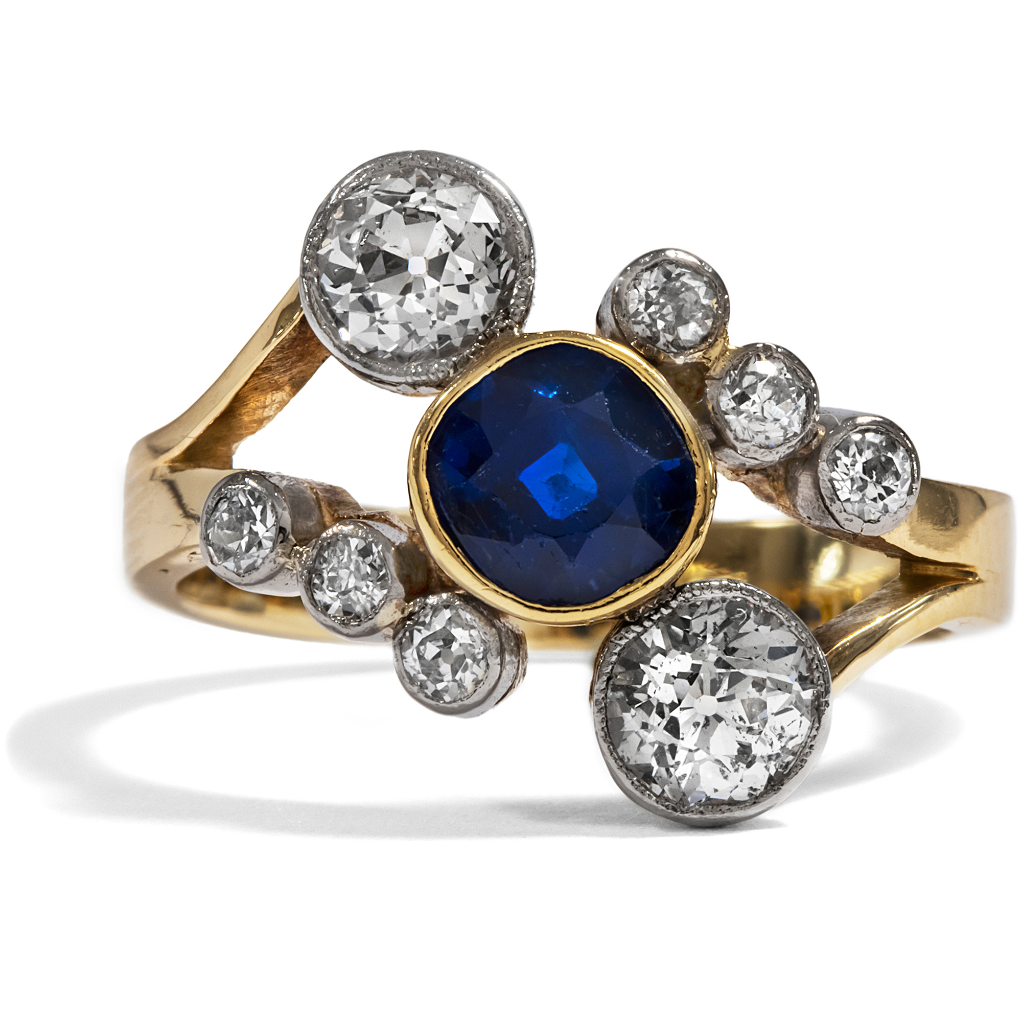 Antique Engagement Ring with Sapphire & Diamonds in Gold & Platinum, ca. 1905