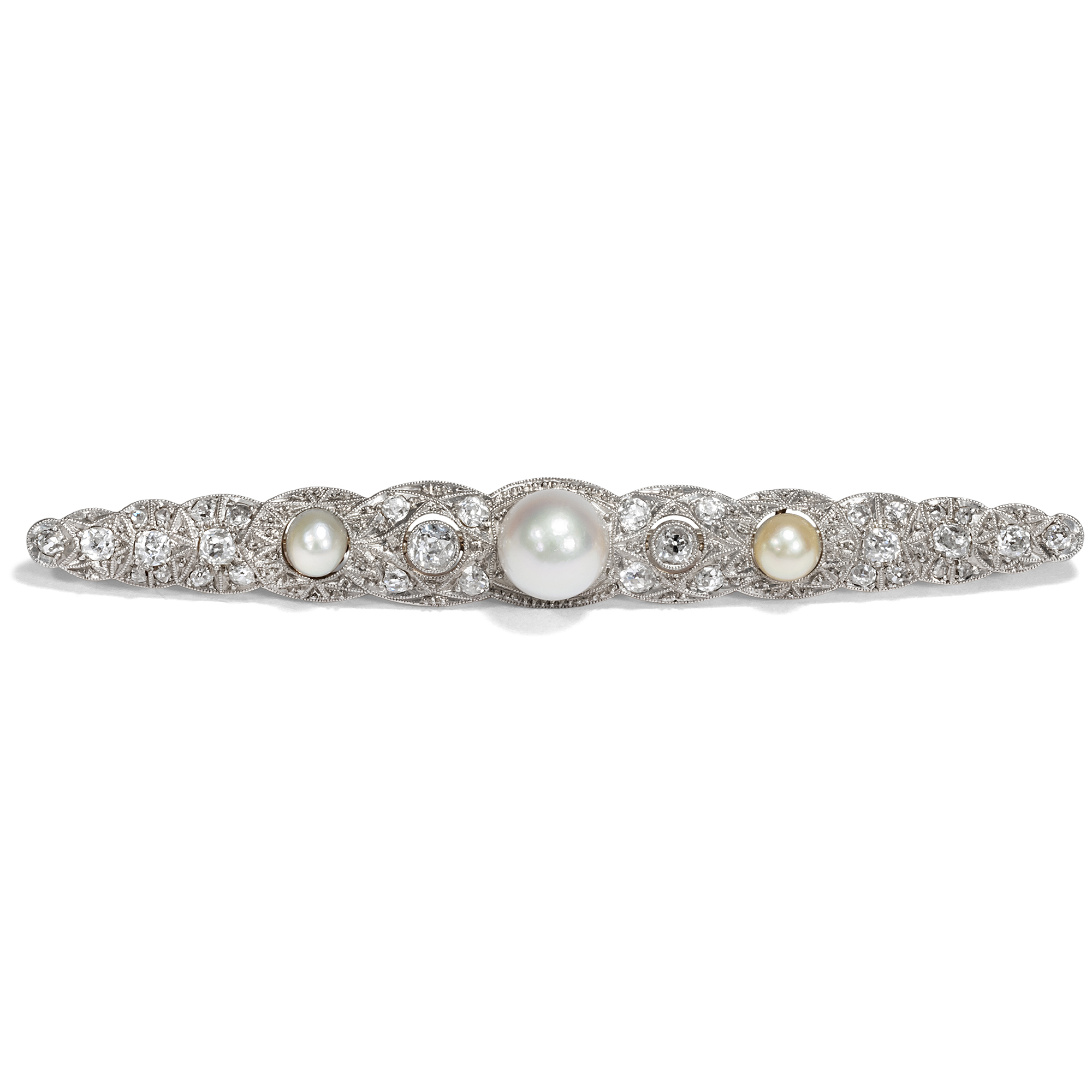 Large Bar Brooch with Pearls & Diamonds in Platinum on Gold, circa 1925