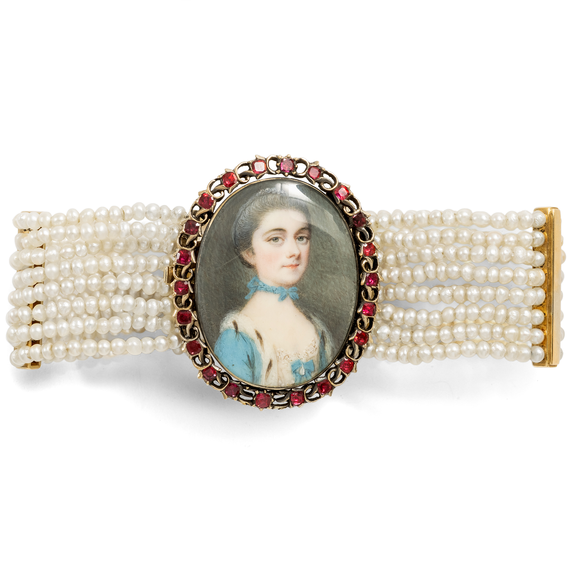 Prachtvolles Armband aus Naturperlen mit einer Portraitminiatur des Rokoko, um 1765 & später Prachtvolles Armband aus Naturperlen mit einer Portraitminiatur des Rokoko, um 1765 & später
