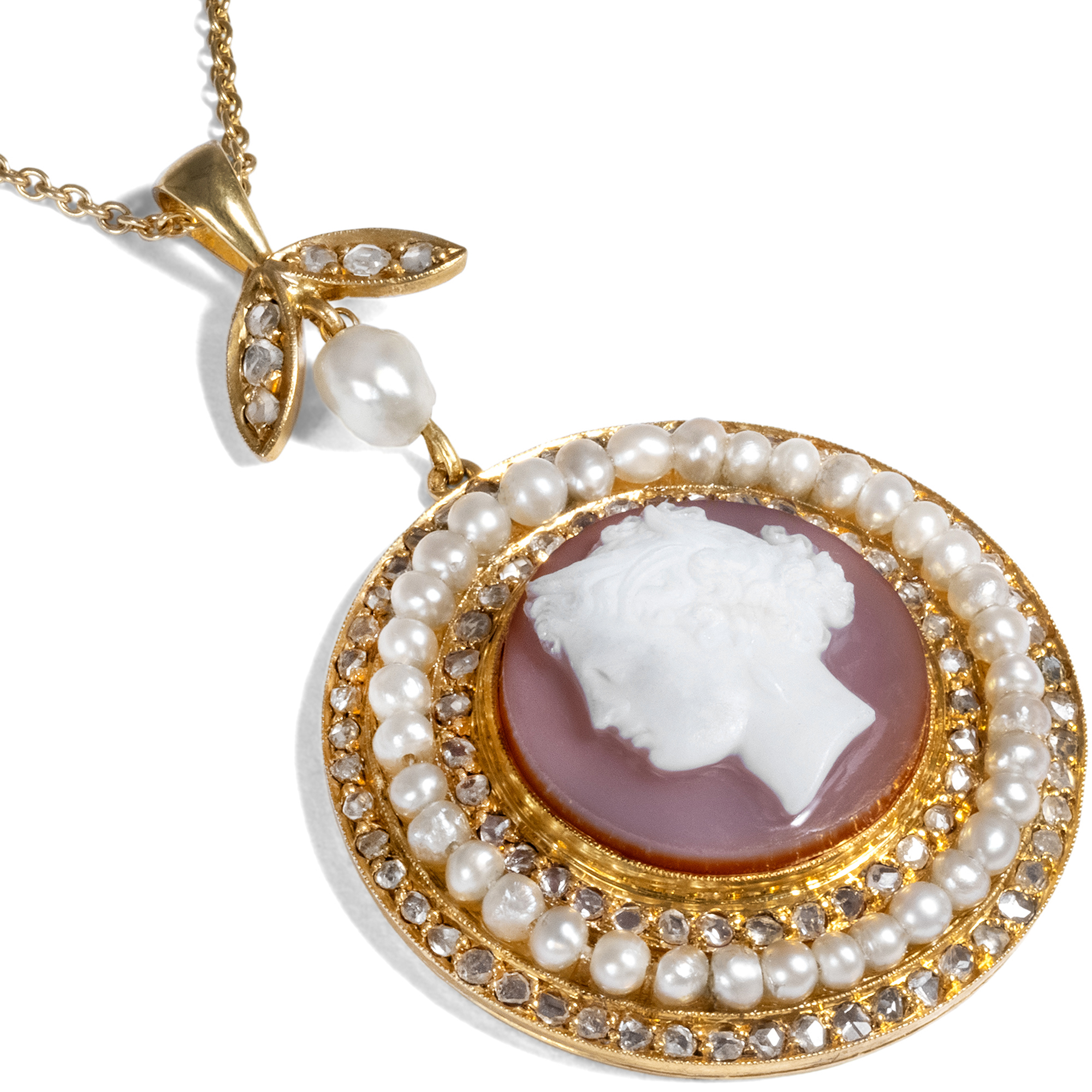 Antique Agate Cameo Pendant of Syrinx with Diamonds & Pearls in Gold, ca. 1870 & 1980