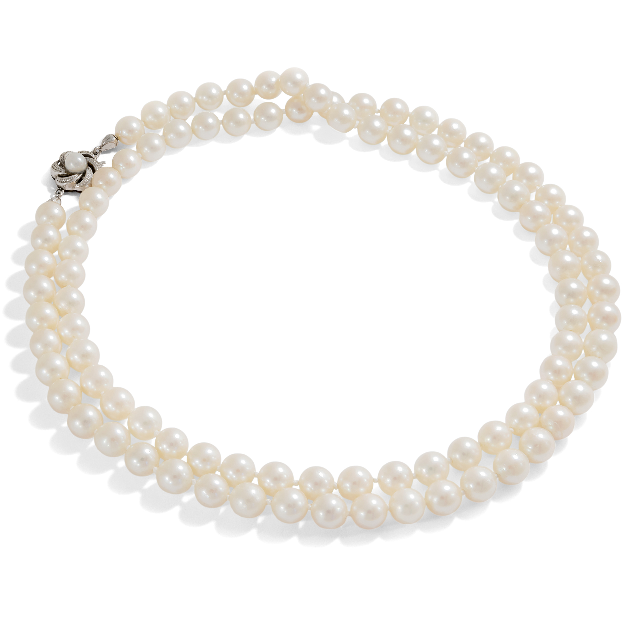 Elegant Opera Length Pearl Necklace With White Gold Clasp, Circa 1965