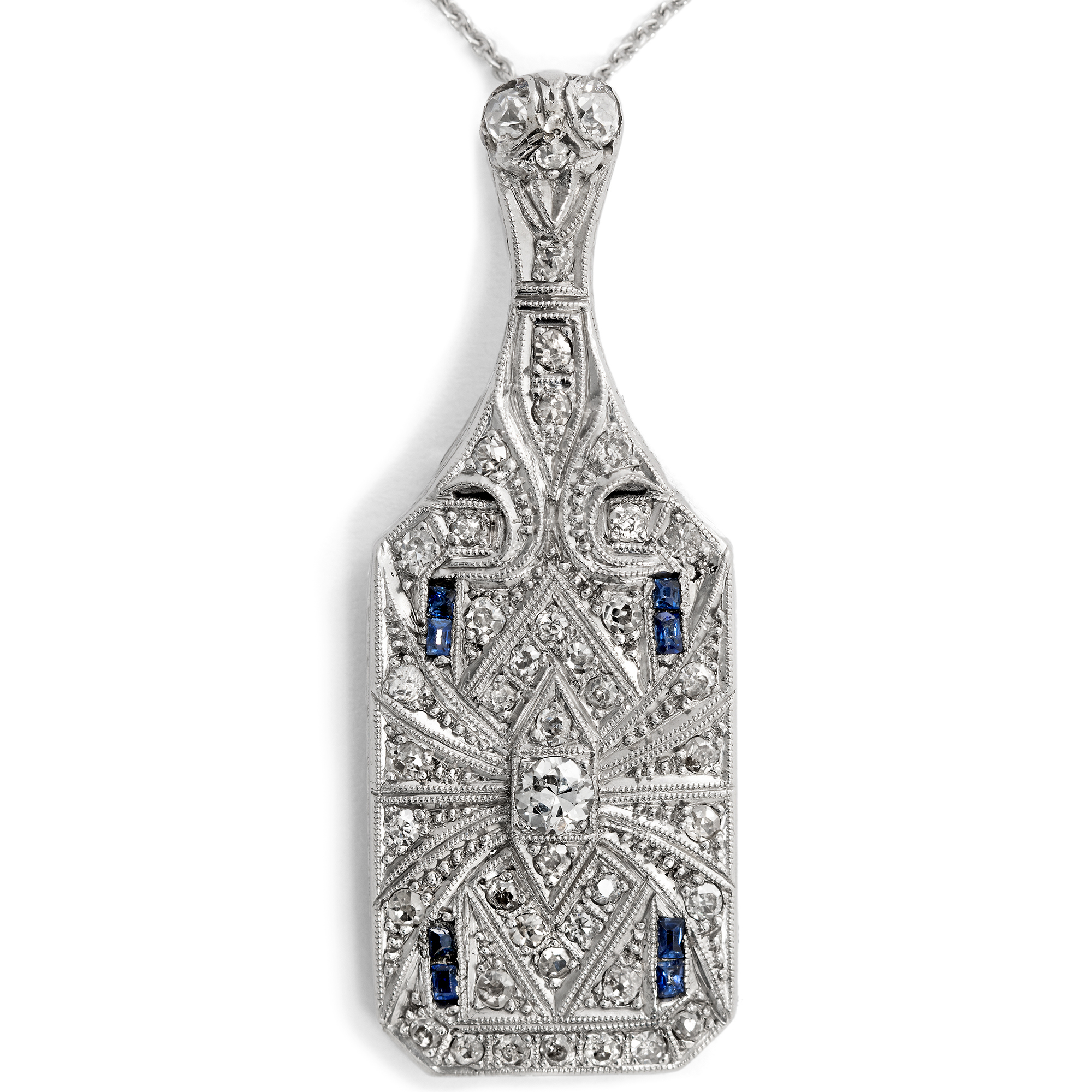 Unusual Platinum Pendant with Diamonds and Sapphires, American, c. 1925 & later