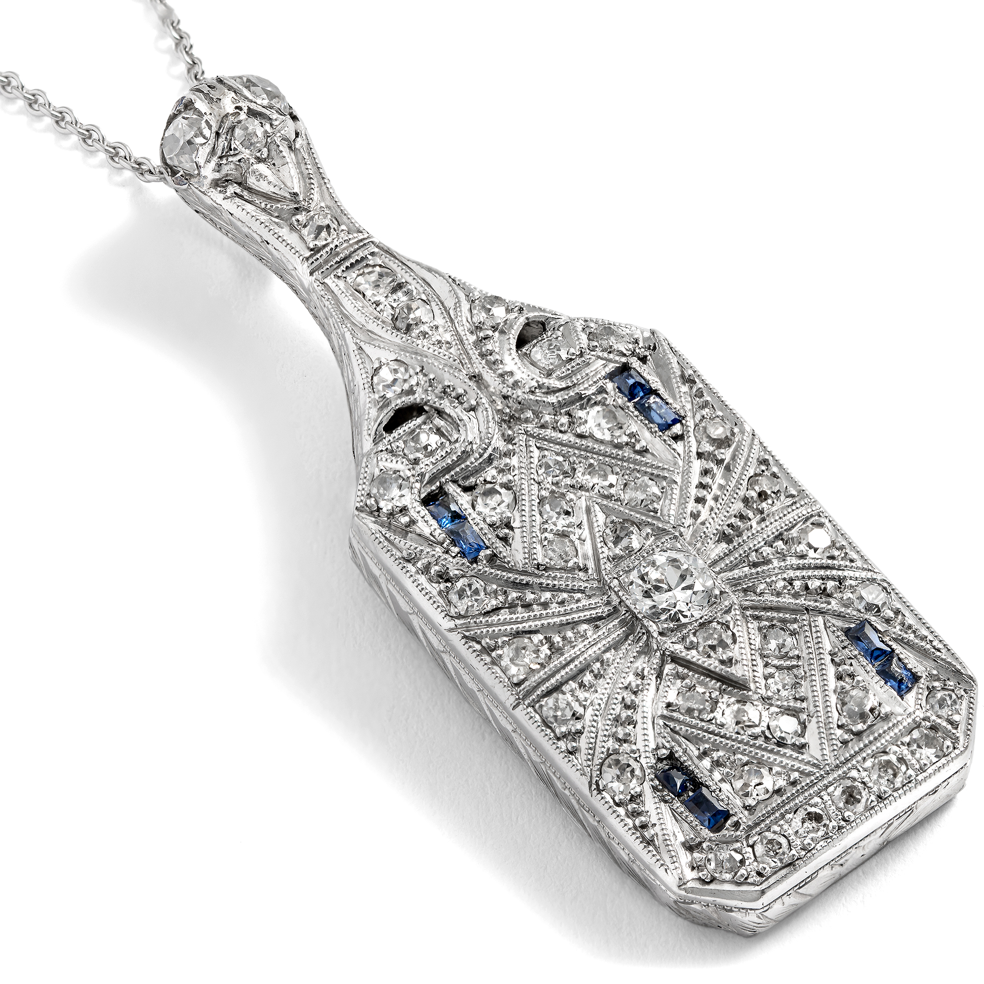 Unusual Platinum Pendant with Diamonds and Sapphires, American, c. 1925 & later