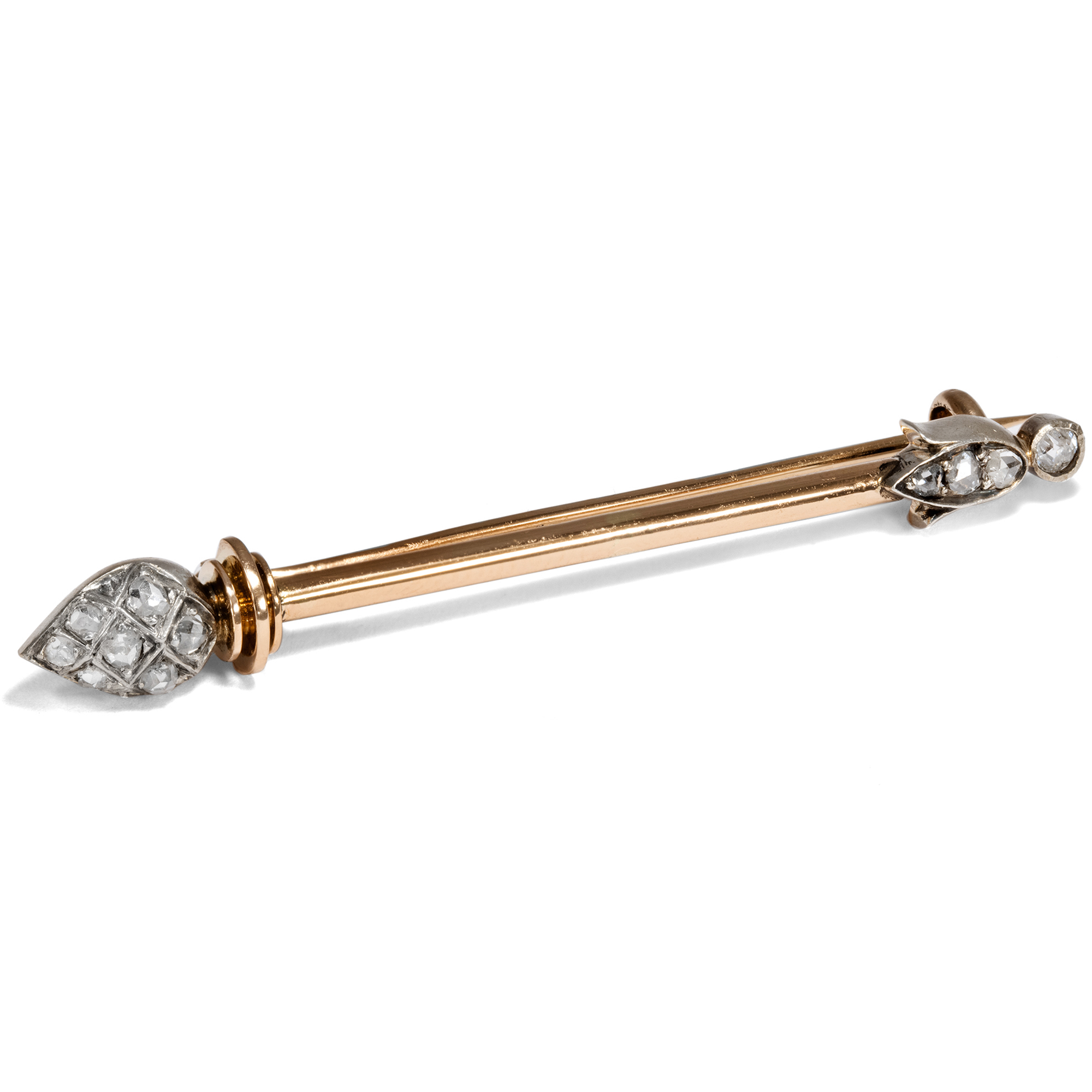 Antique Brooch In Shape Of Thyrsos Staff With Diamonds In Gold & Silver, Circa 1890