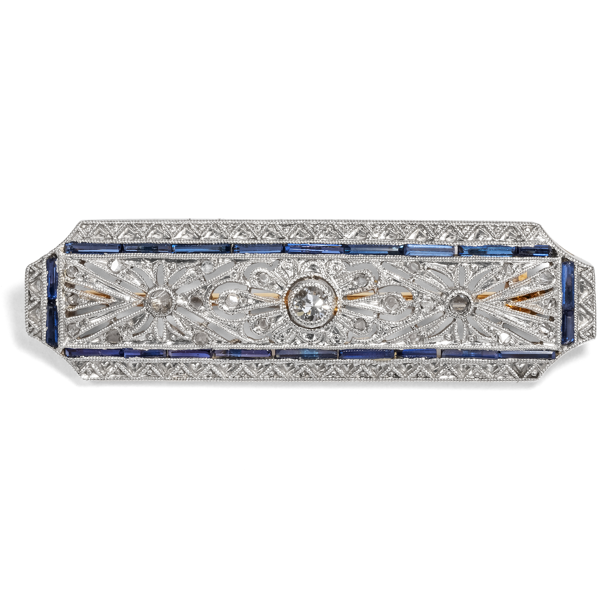 Artful Small Art Déco Brooch with Diamonds & Sapphires, c. 1930