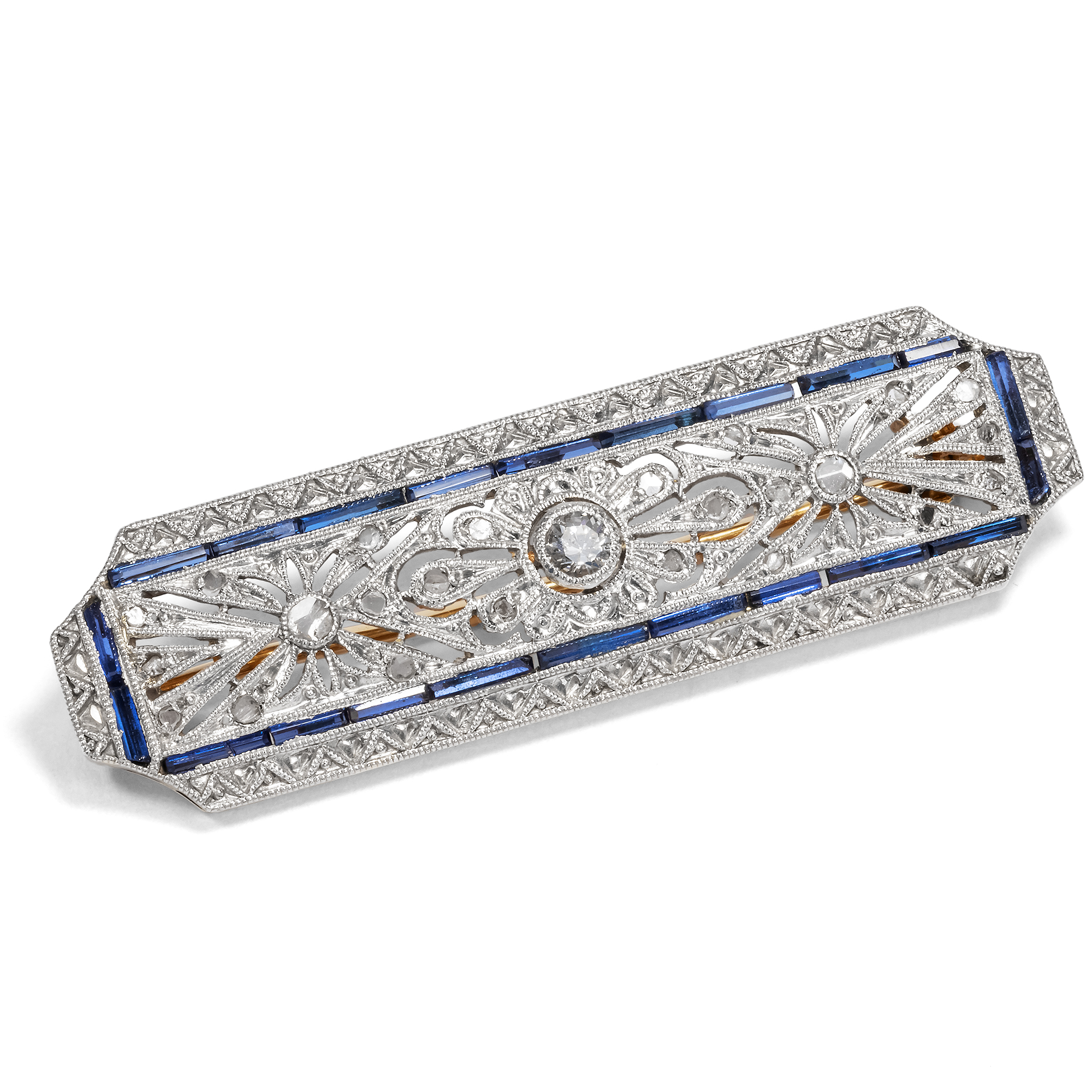 Artful Small Art Déco Brooch with Diamonds & Sapphires, c. 1930