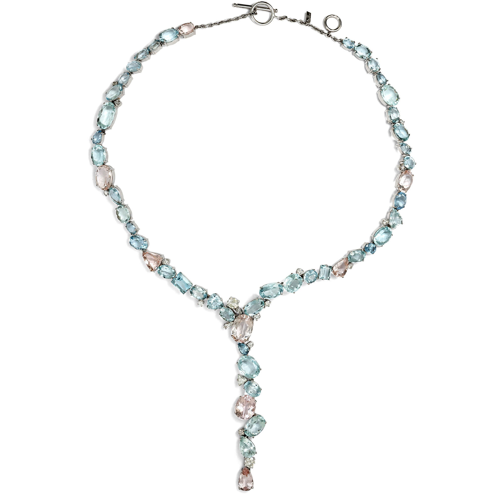 Modern necklace with morganites, aquamarines & diamonds in white gold, Portugal 2006