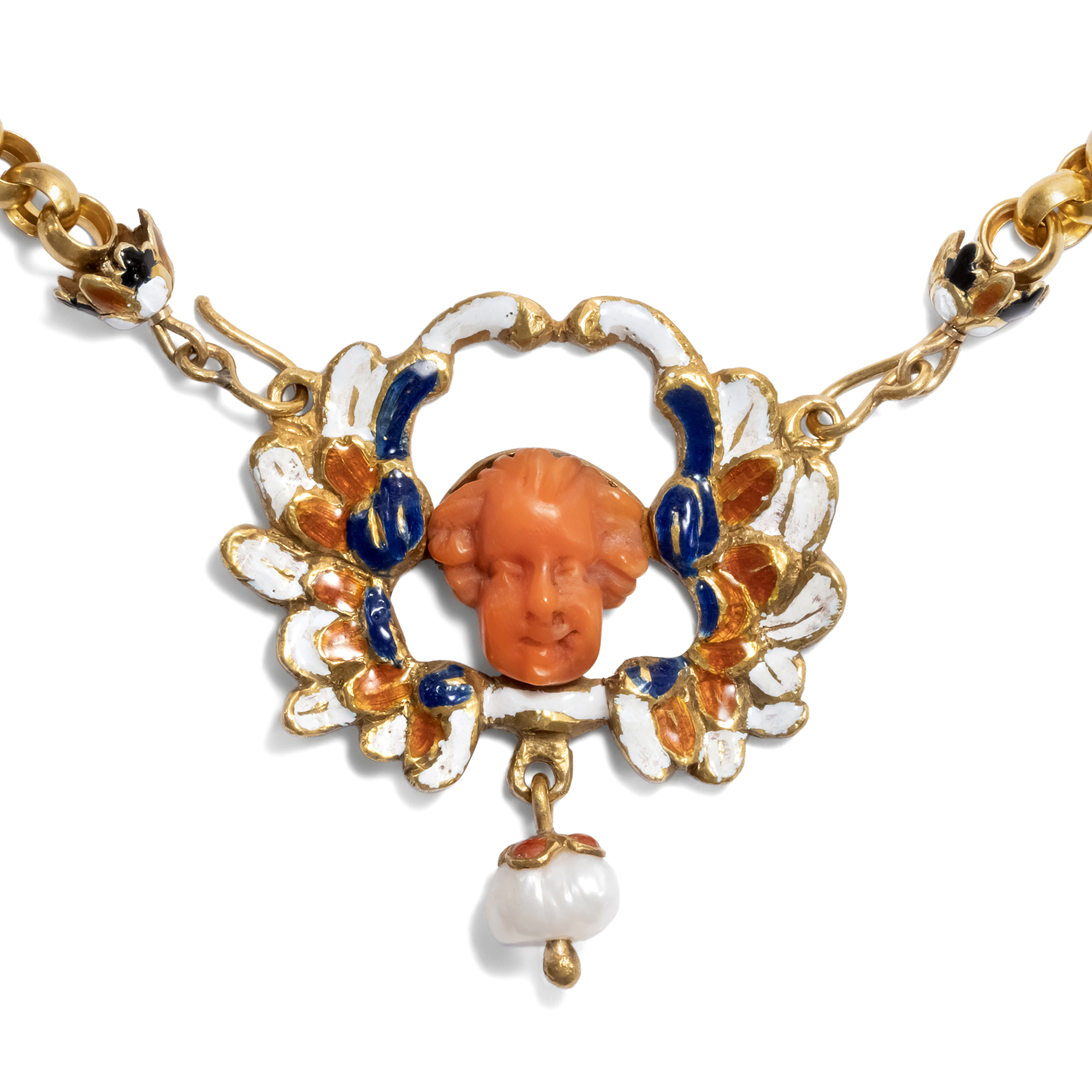 Rare Victorian Necklace with Coral Cameo & Enamel in Gold, ca. 1870