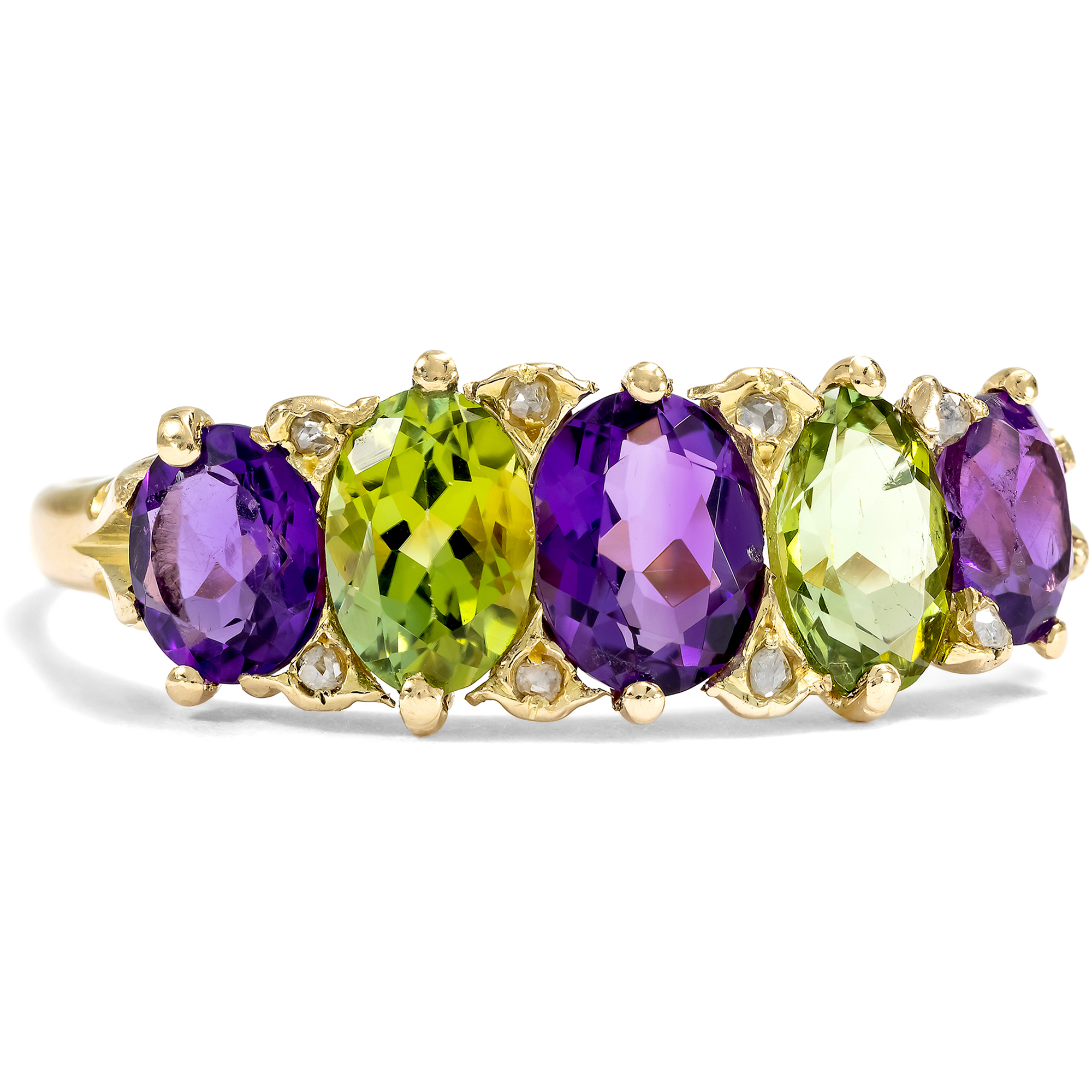 Antiker Ring in den Farben der Suffragetten mit Peridot & Amethyst in Gold, um 1900 & später Antiker Ring in den Farben der Suffragetten mit Peridot & Amethyst in Gold, um 1900 & später