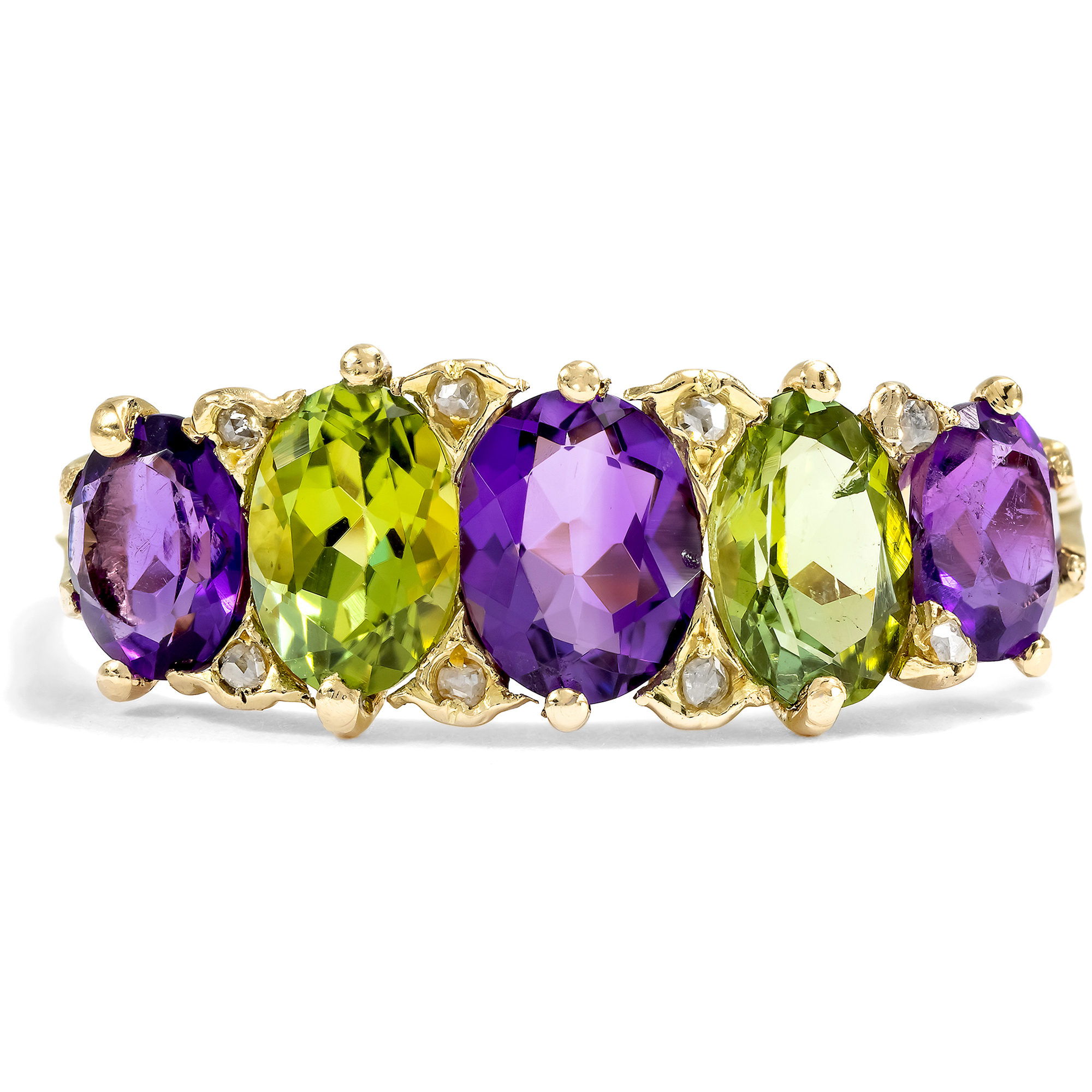 Antiker Ring in den Farben der Suffragetten mit Peridot & Amethyst in Gold, um 1900 & später Antiker Ring in den Farben der Suffragetten mit Peridot & Amethyst in Gold, um 1900 & später