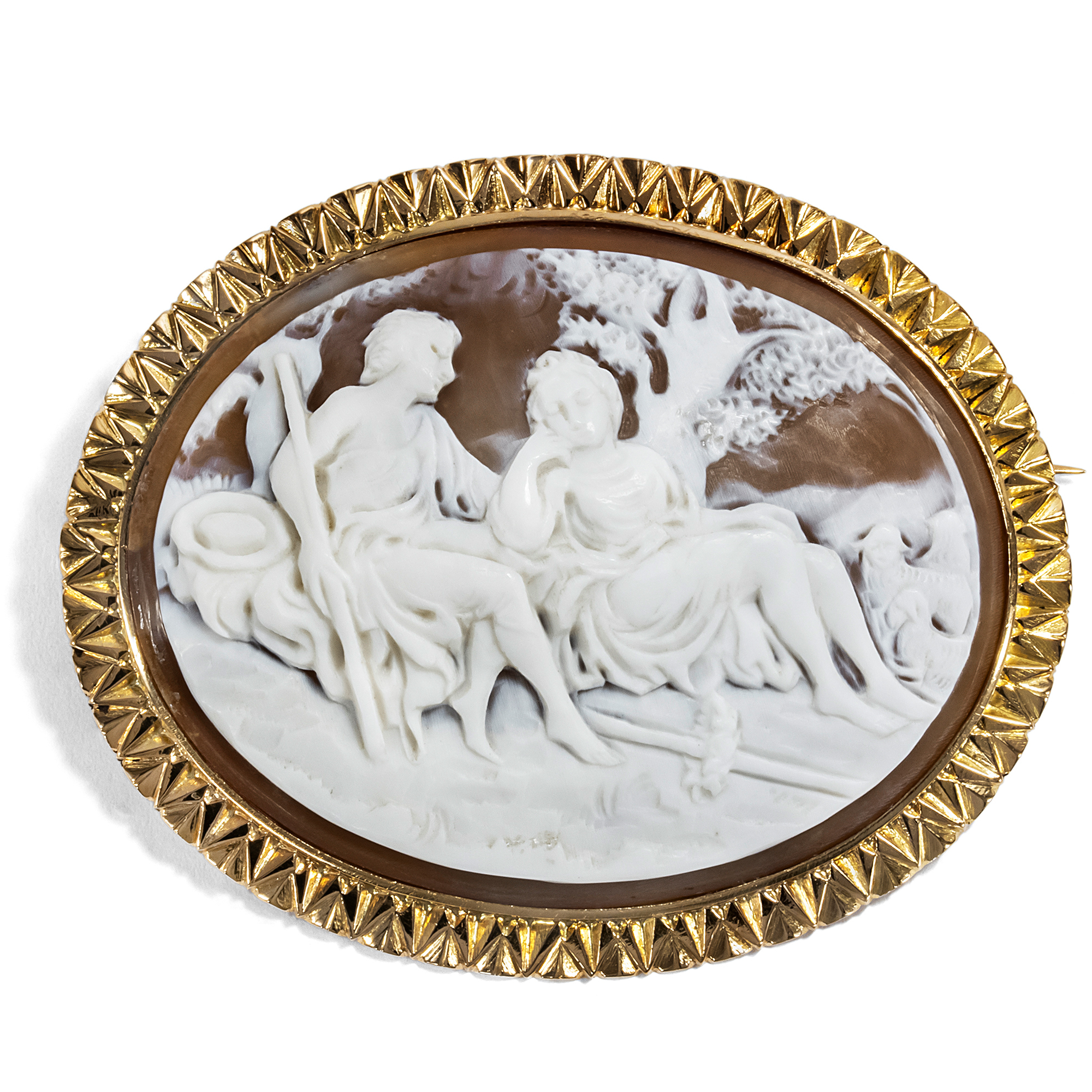 Bucolic shell cameo set in gold as a brooch, circa 1875