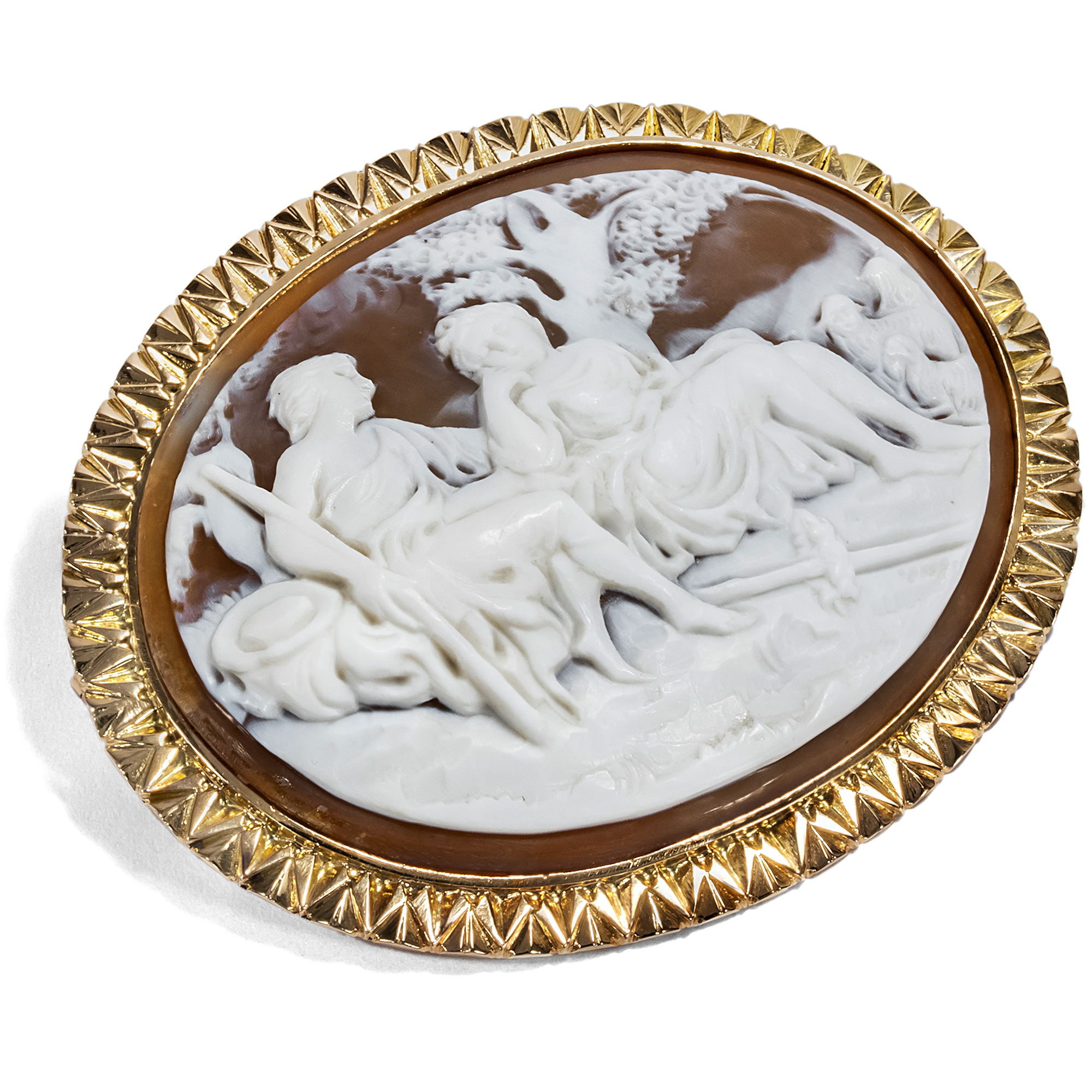 Bucolic shell cameo set in gold as a brooch, circa 1875