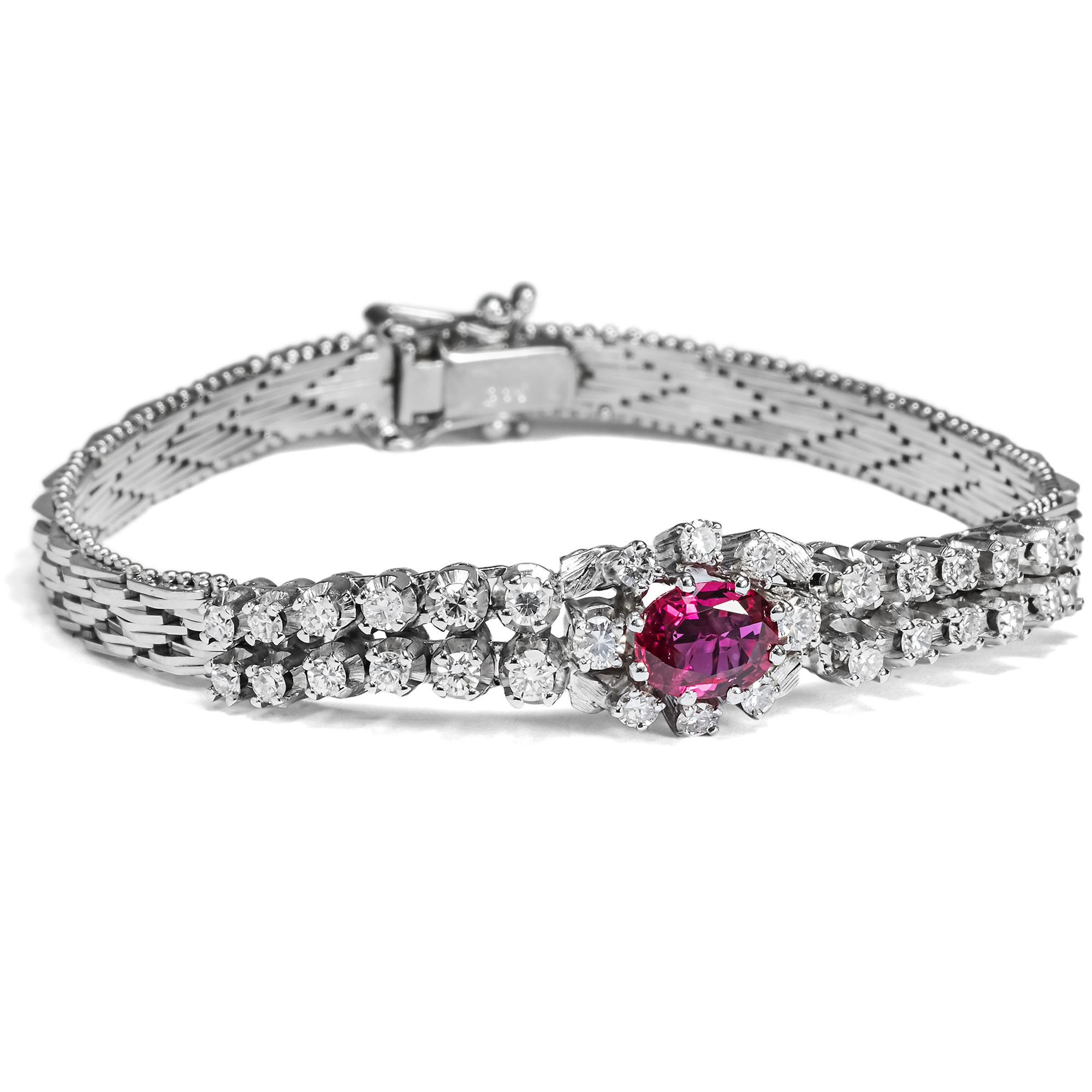 Luxurious vintage bracelet with ruby & diamonds in white gold, circa 1975