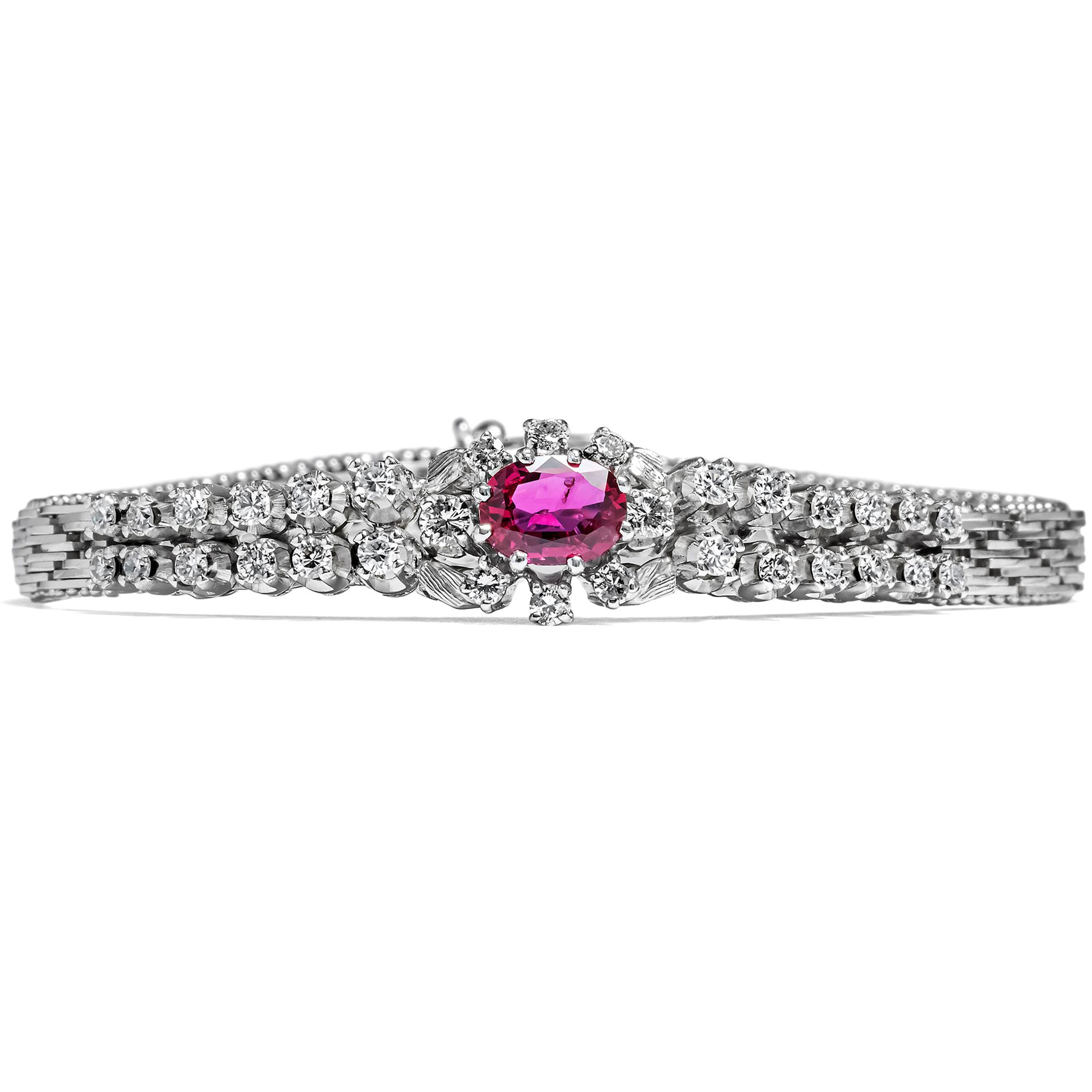 Luxurious vintage bracelet with ruby & diamonds in white gold, circa 1975