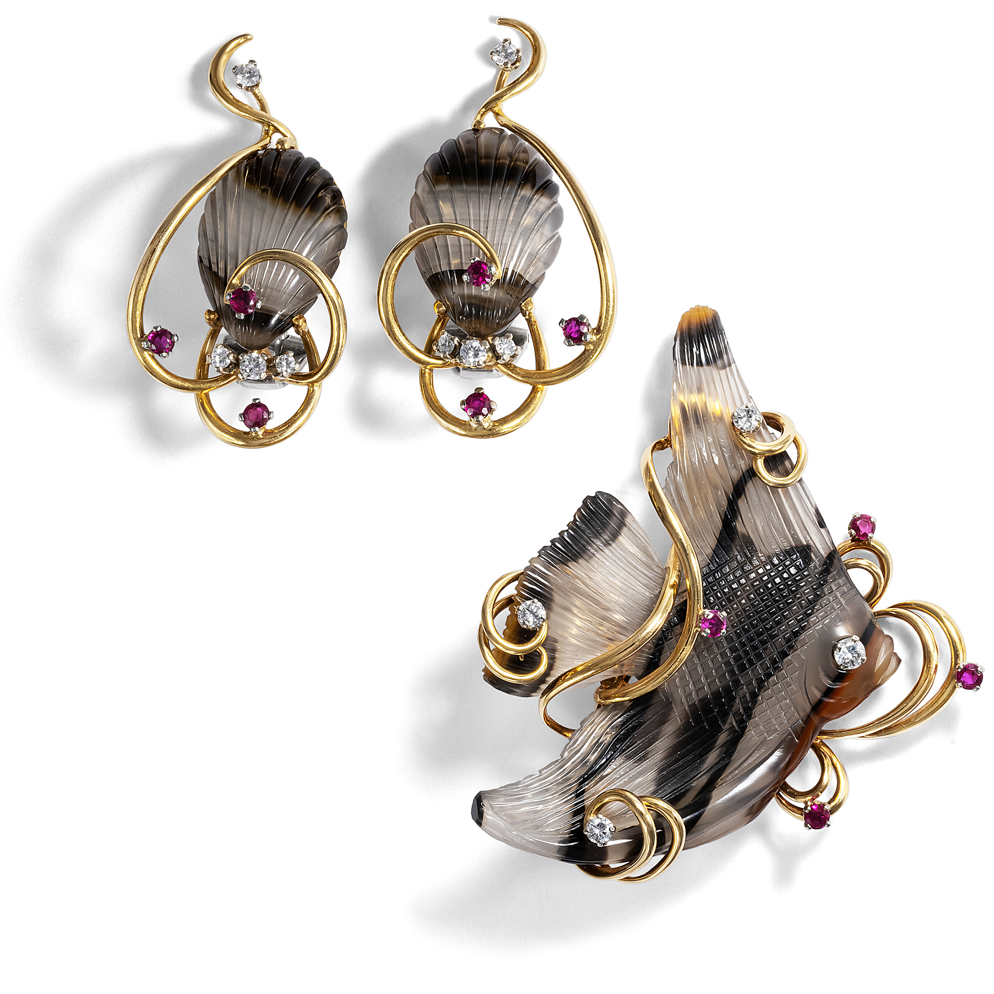 Vintage Maritime Set Made of Agates, Rubies, Diamonds & Gold, ca. 1980