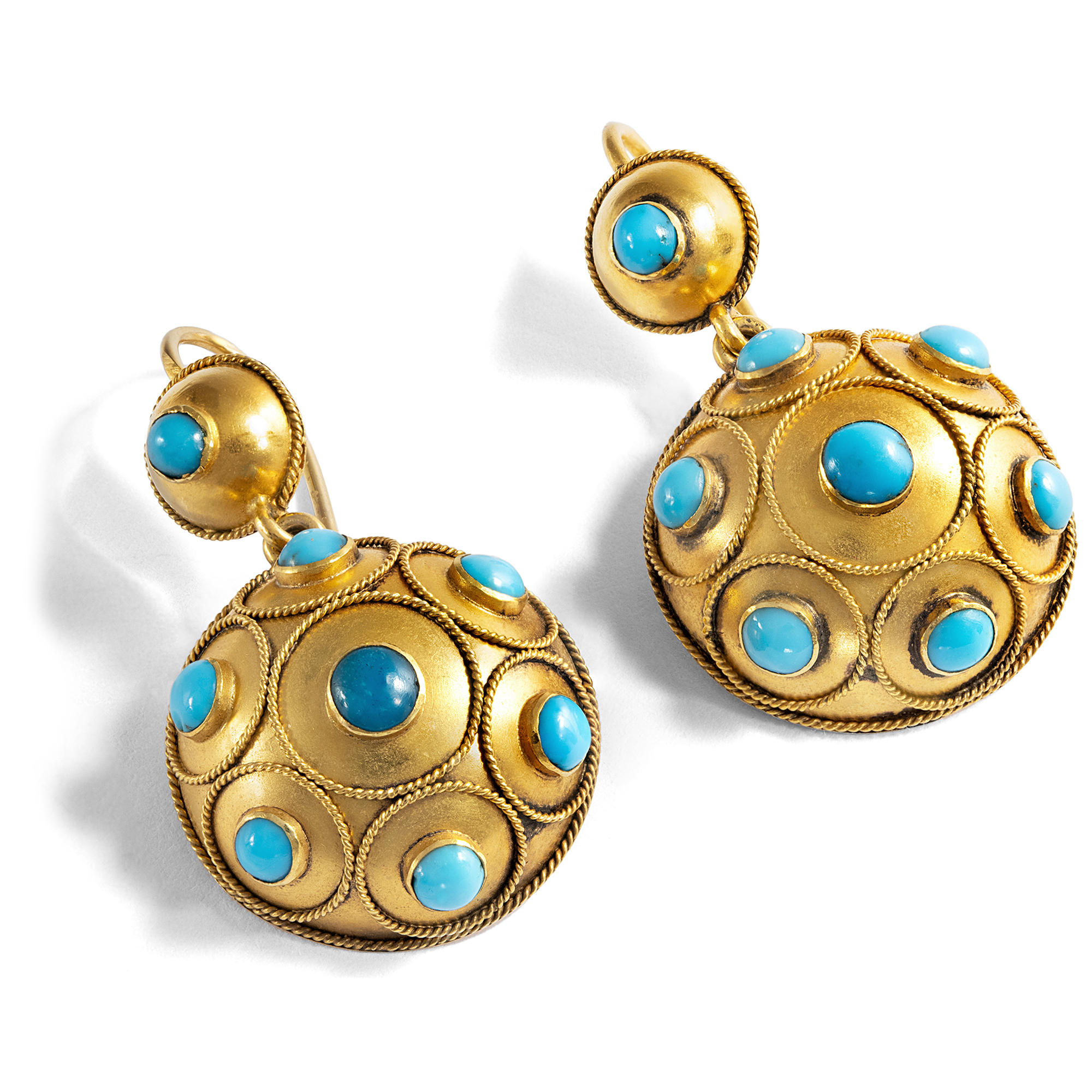 Victorian Turquoise and Bloomed Gold Earrings, British, c. 1860s