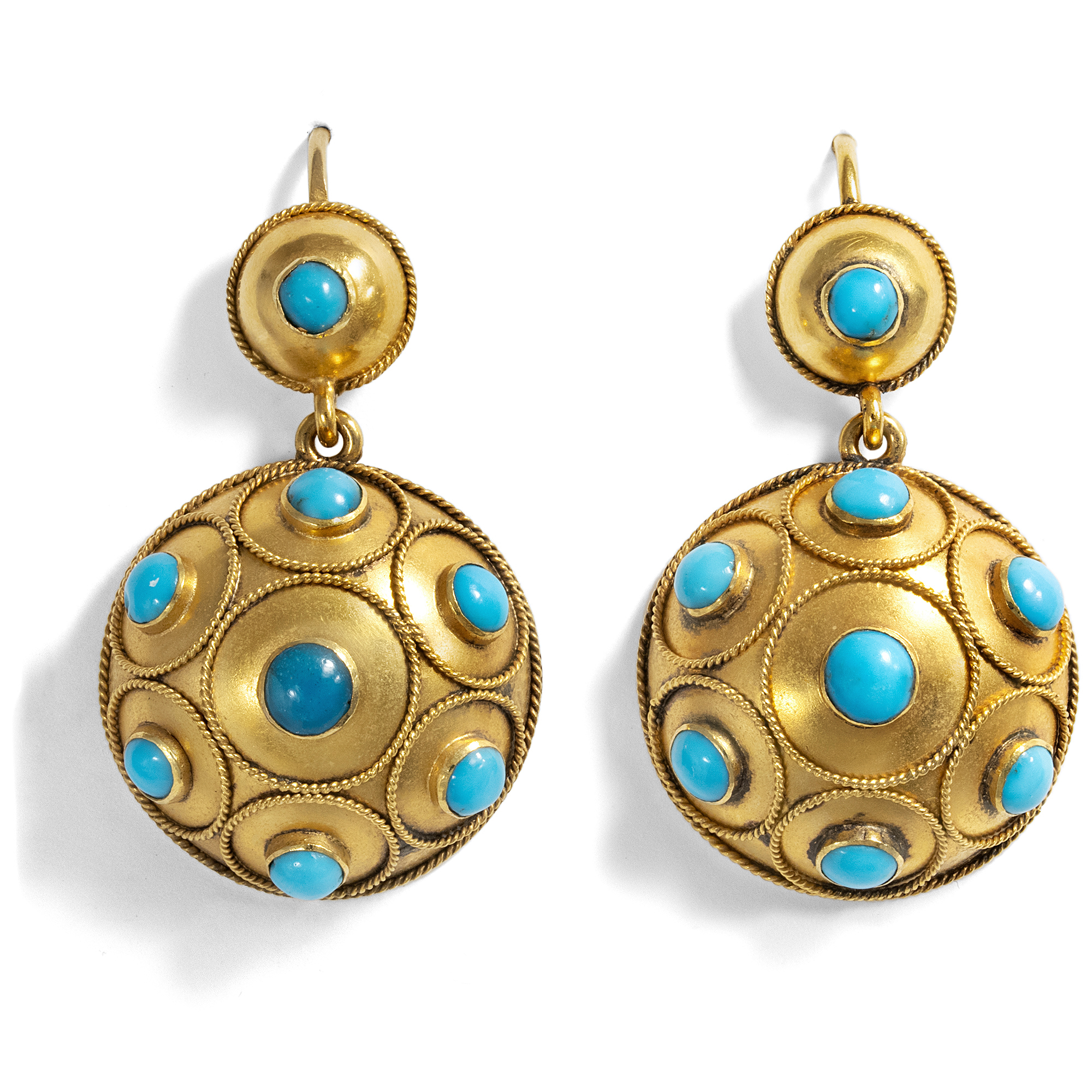 Victorian Turquoise and Bloomed Gold Earrings, British, c. 1860s