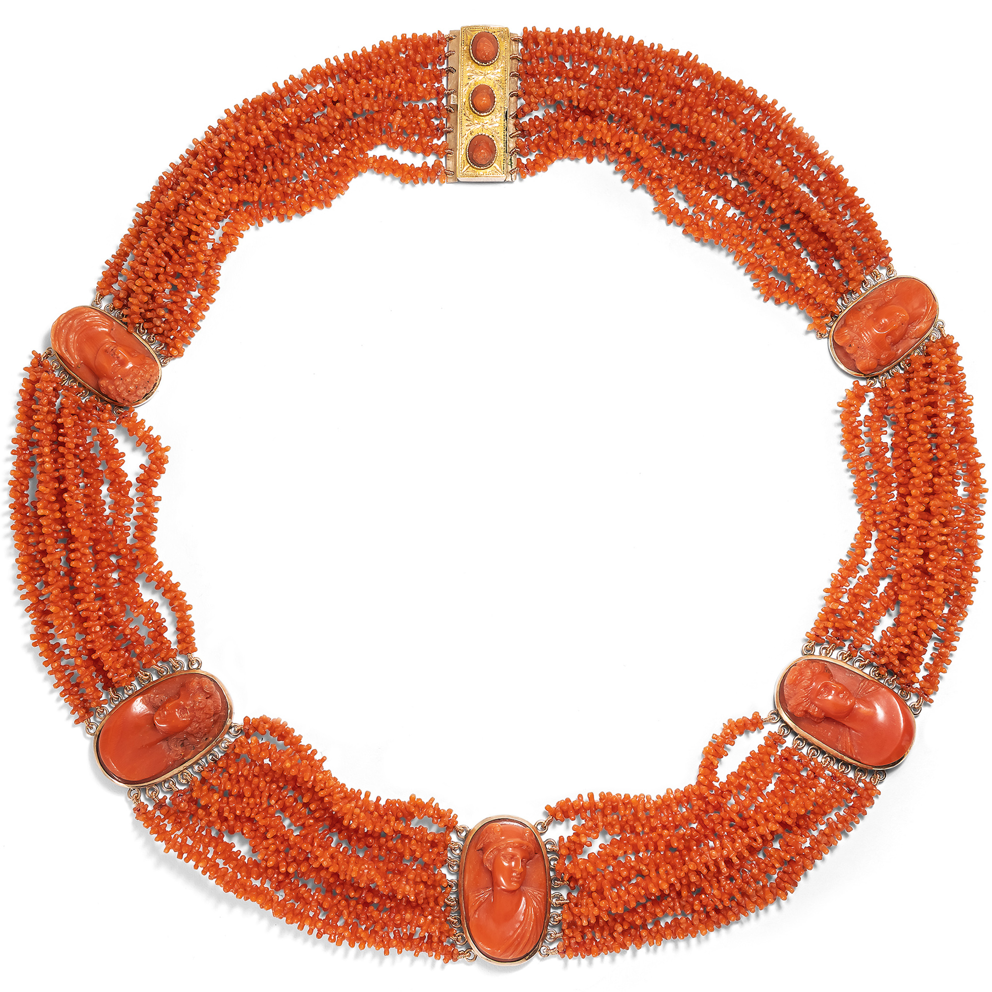 Antique Coral Parure Comprising a Necklace, Bracelets and Earrings, c. 1825 & later