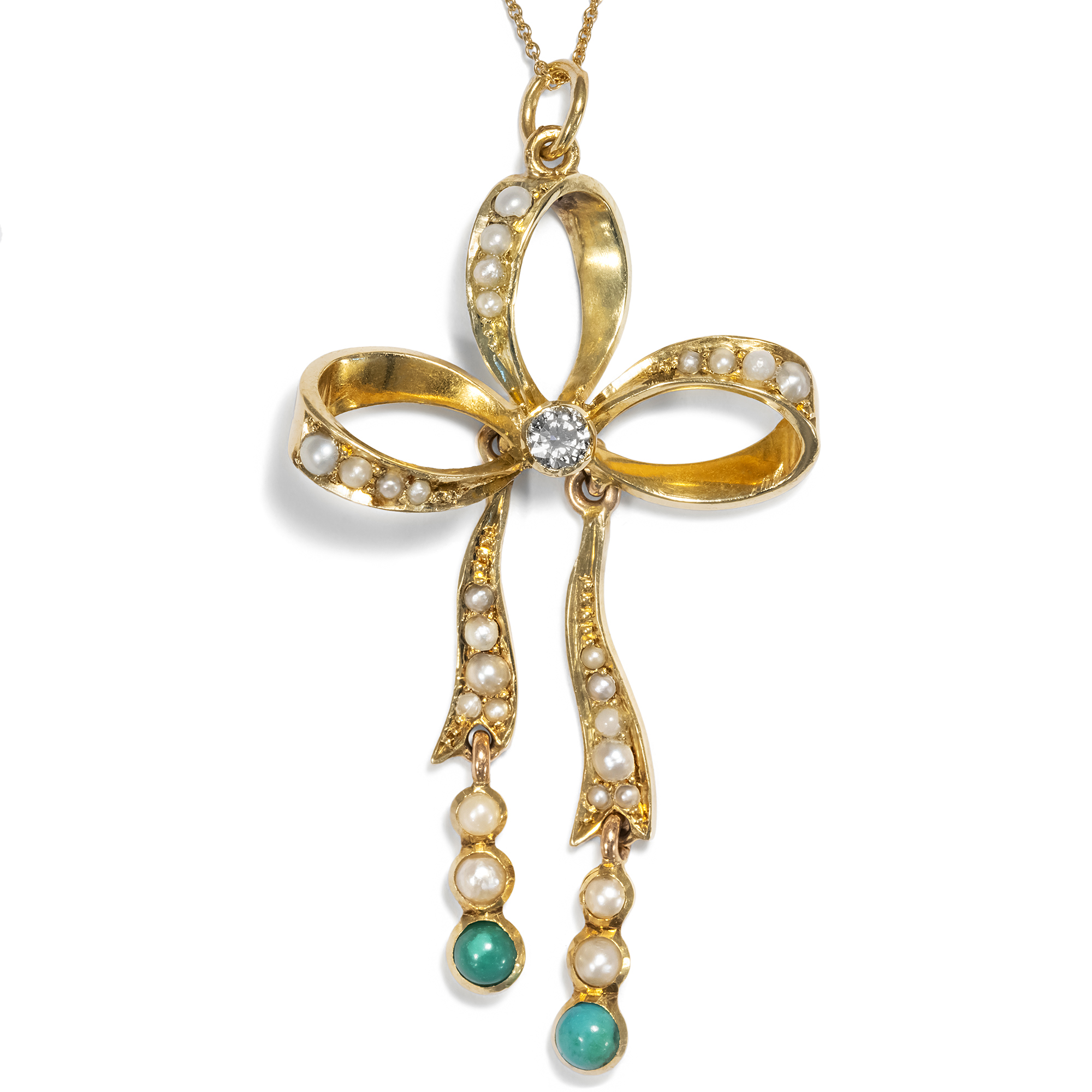 Delicate Gold Ribbon Bow Necklace with Diamond, Turquoises & Natural Pearls, circa 1905