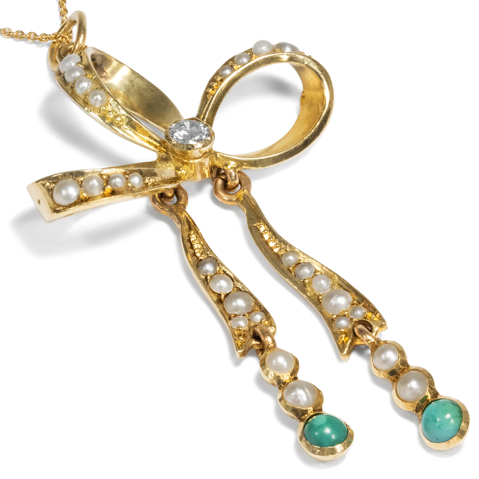 Delicate Gold Ribbon Bow Necklace with Diamond, Turquoises & Natural Pearls, circa 1905