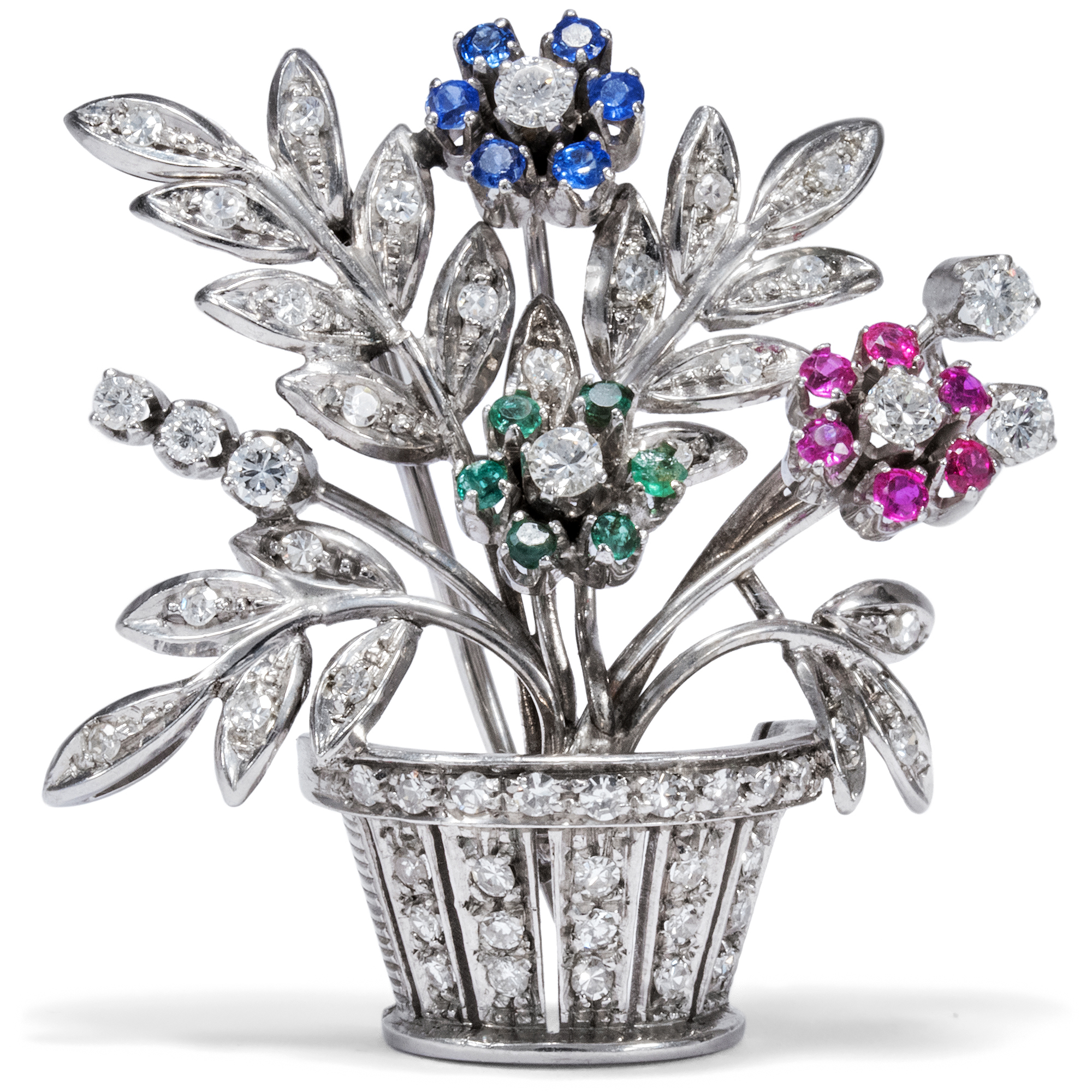 Luxurious White Gold Brooch With Rubies, Sapphires, Emeralds & Diamonds, Circa 1965