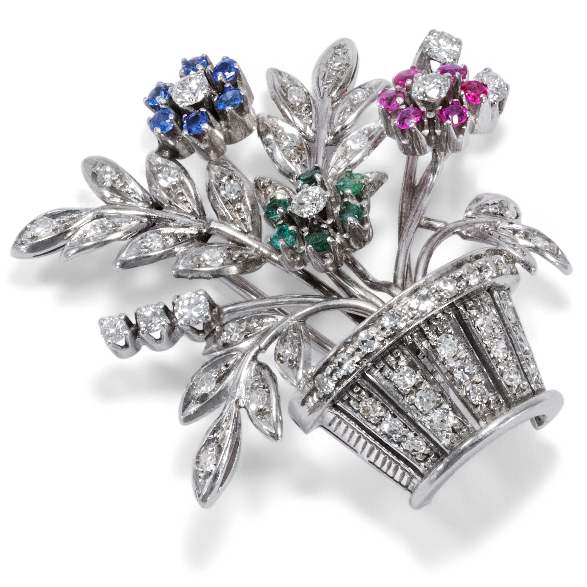 Luxurious White Gold Brooch With Rubies, Sapphires, Emeralds & Diamonds, Circa 1965