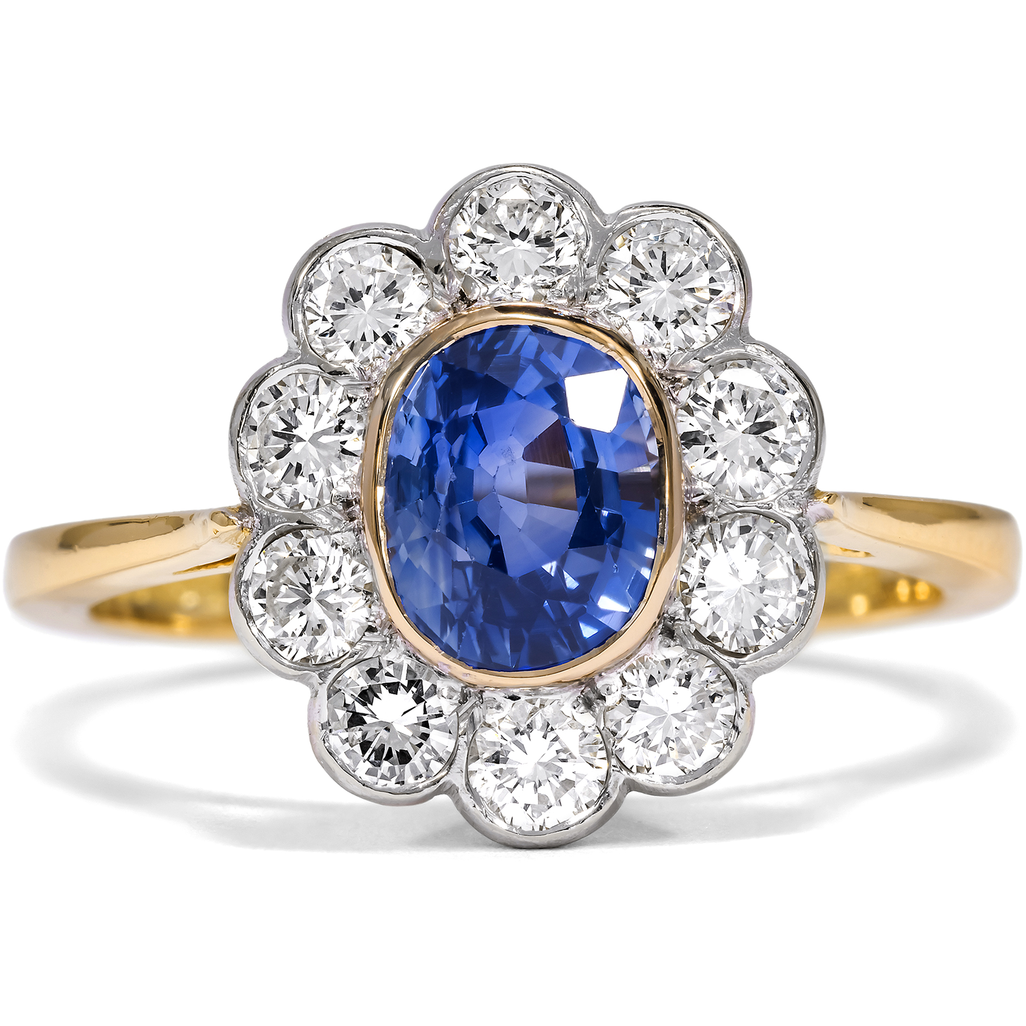 Vintage Ring With Sapphire & Diamonds in Yellow & White Gold, London 1992