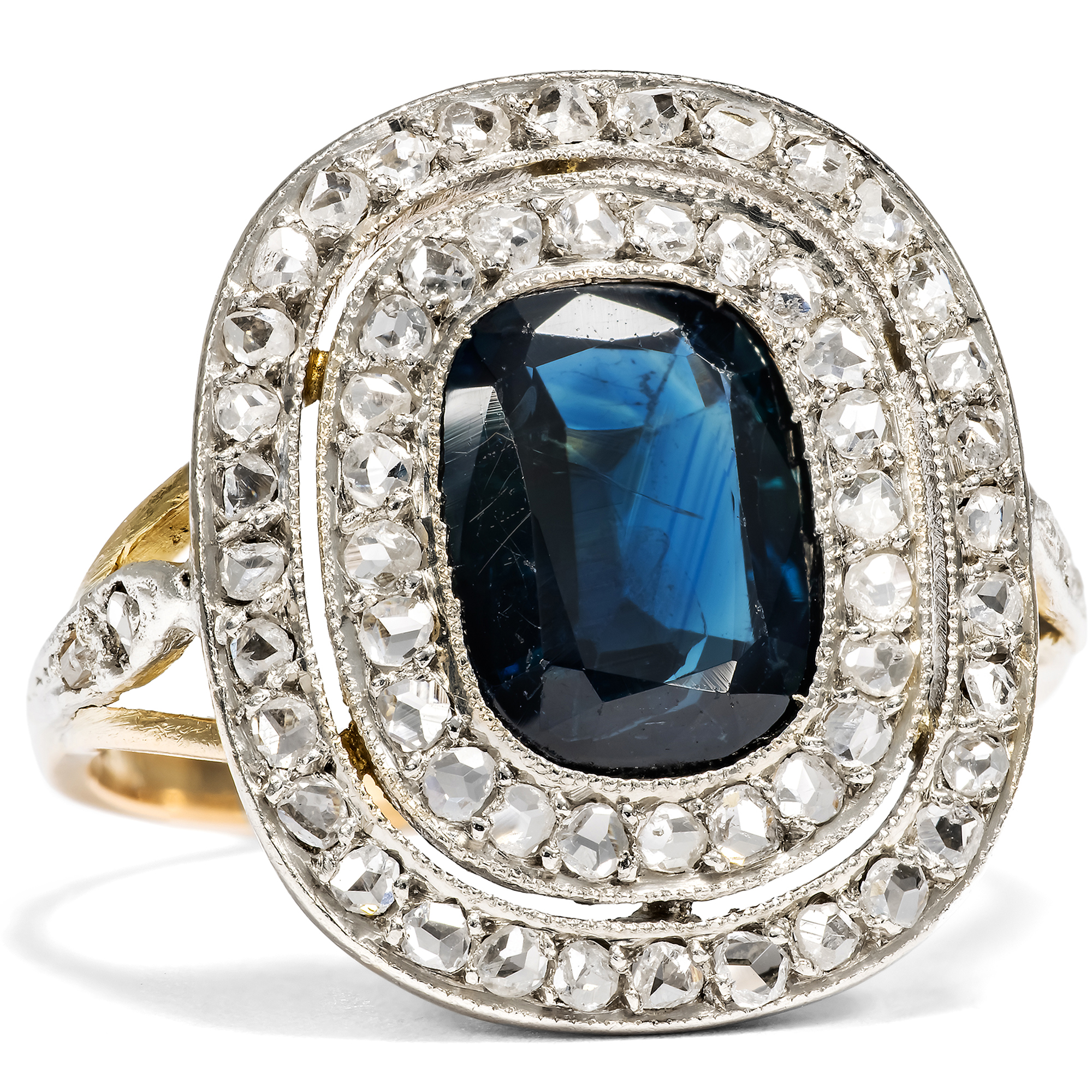 Großer Ring der Belle Époque mit Saphir & Diamanten in Platin & Gold, um 1910 Großer Ring der Belle Époque mit Saphir & Diamanten in Platin & Gold, um 1910