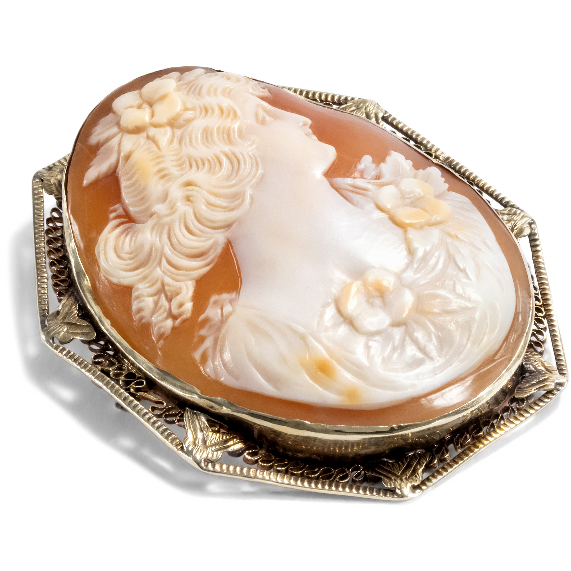 Large Shell Cameo of Flora in Filigree Gold, ca. 1925