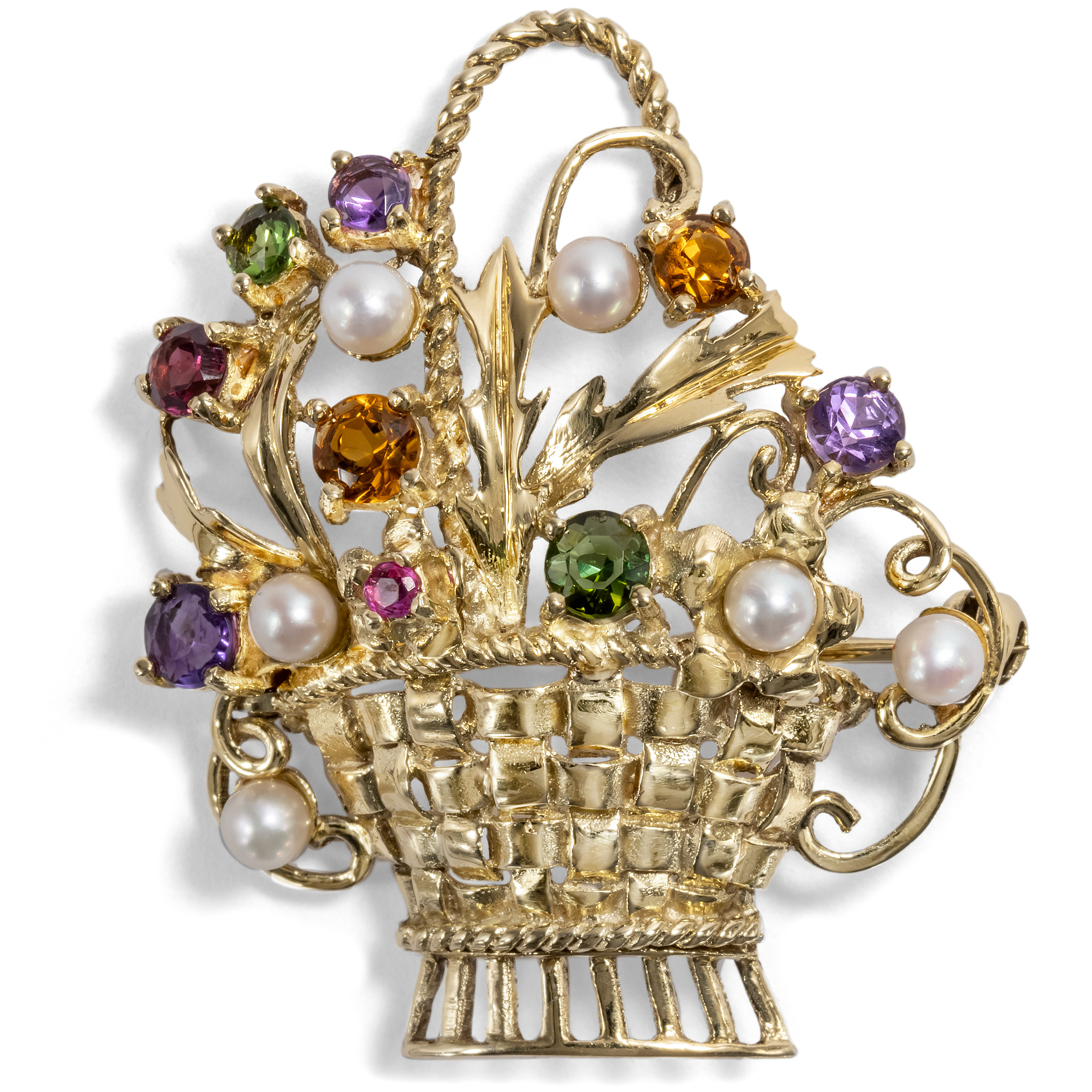 Cute Flower Basket Brooch Of Gold, Pearls & Gemstones, Circa 1990