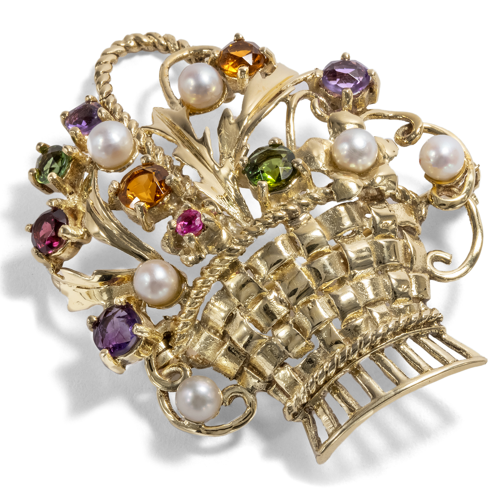 Cute Flower Basket Brooch Of Gold, Pearls & Gemstones, Circa 1990