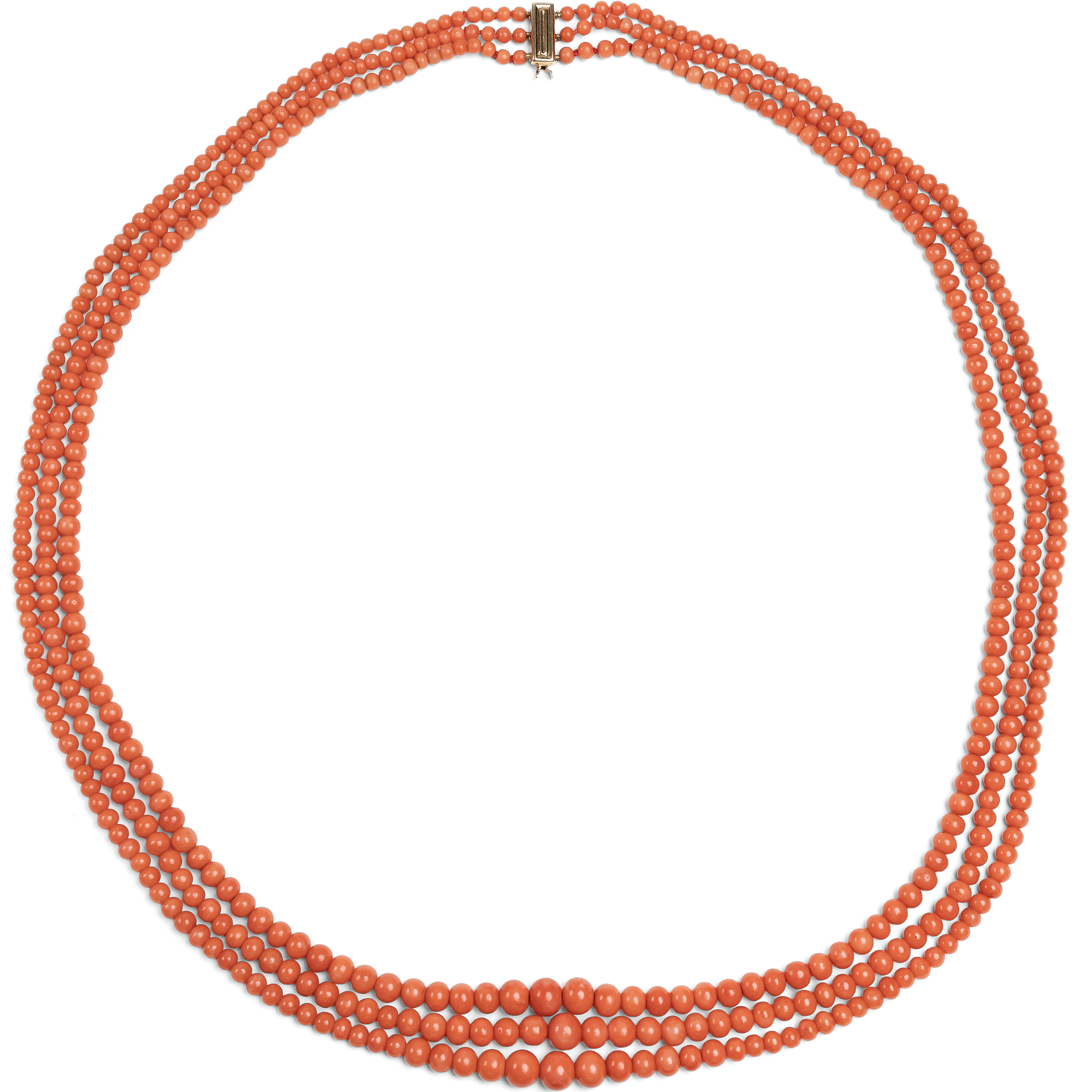 Long Three-Row Salmon Coral Necklace with Gold Clasp, Italy ca. 1890