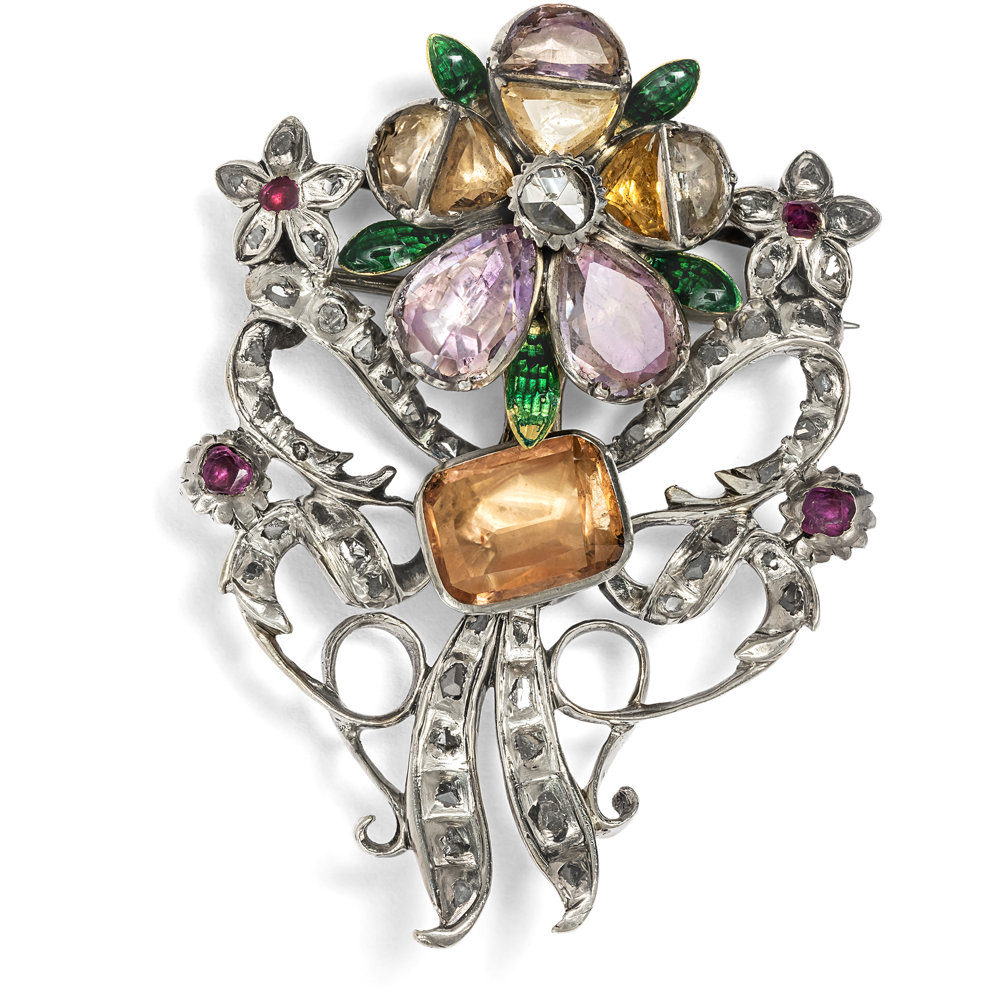 Antikes Brosche mit Veilchen aus Topaz & Amethyst, Rubin & Diamanten, um 1780 Antikes Brosche mit Veilchen aus Topaz & Amethyst, Rubin & Diamanten, um 1780