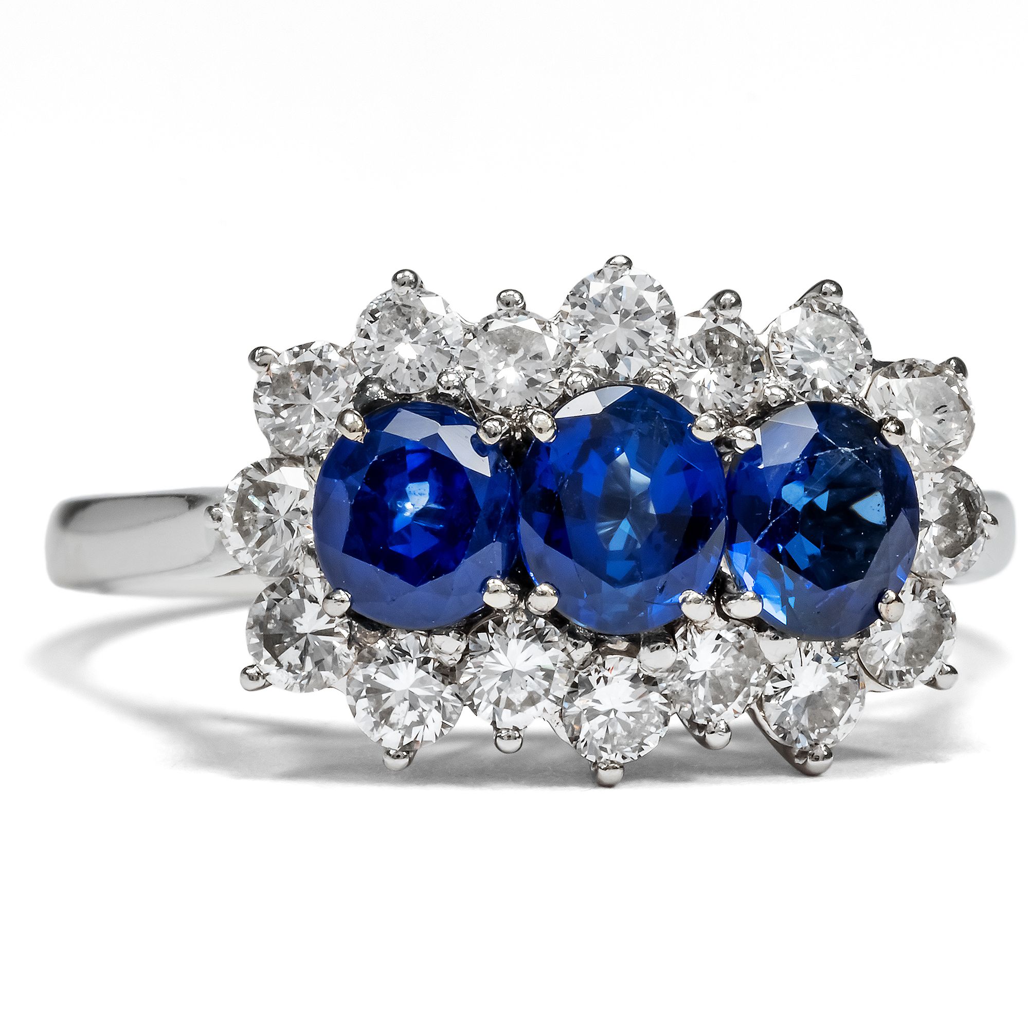 Luxurious "Trilogy" Ring With Sapphires & Diamonds in White Gold, c. 1970