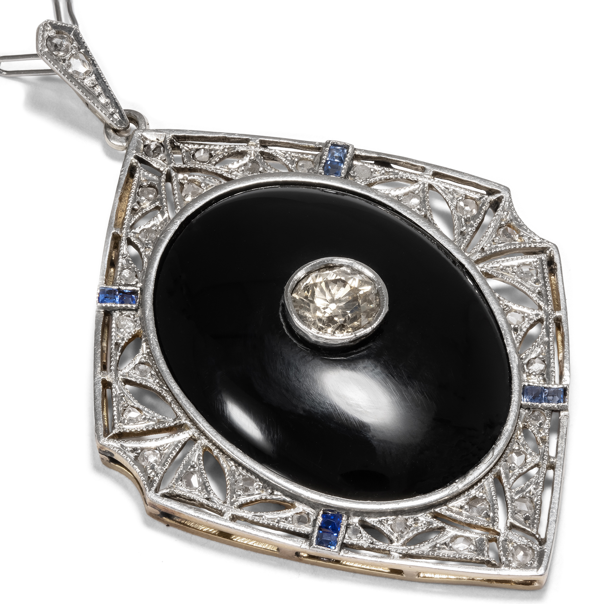 Luxurious Art Deco Pendant With Onyx, Diamonds & Sapphires, Circa 1925