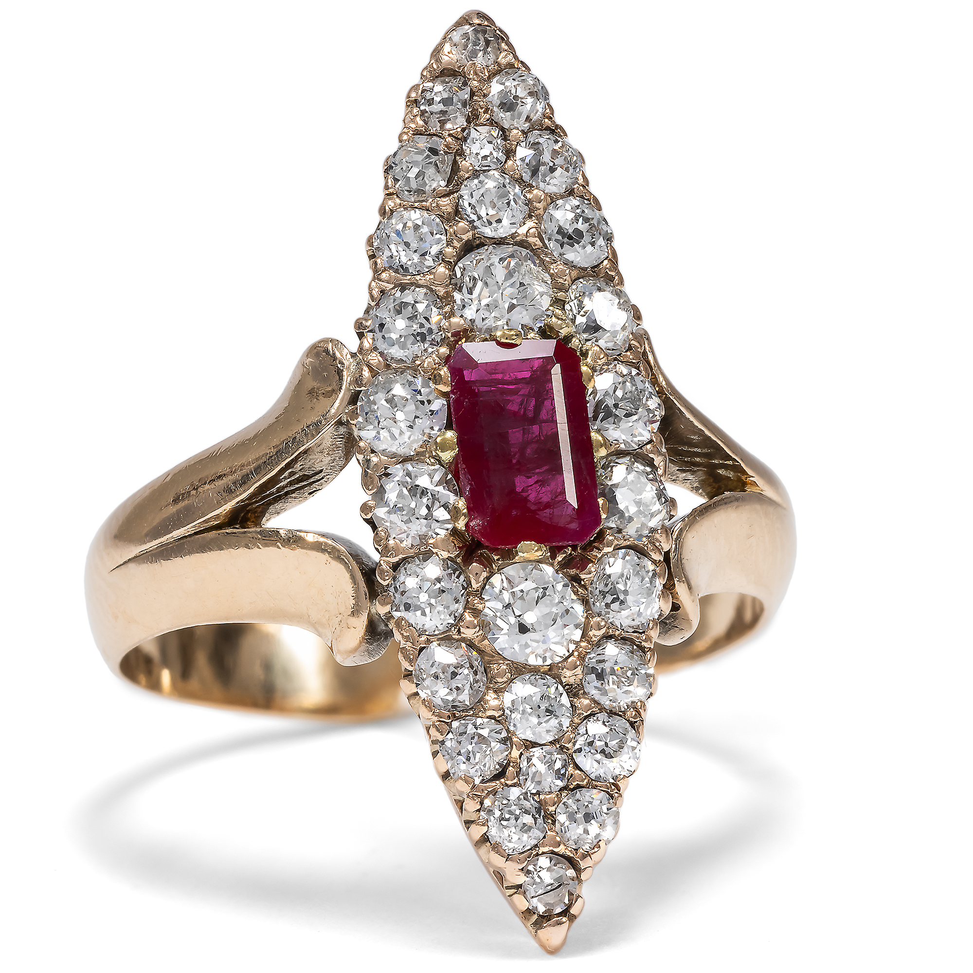 Exquisite Antique Marquise Ring With Ruby & Diamonds In Gold, Circa 1890
