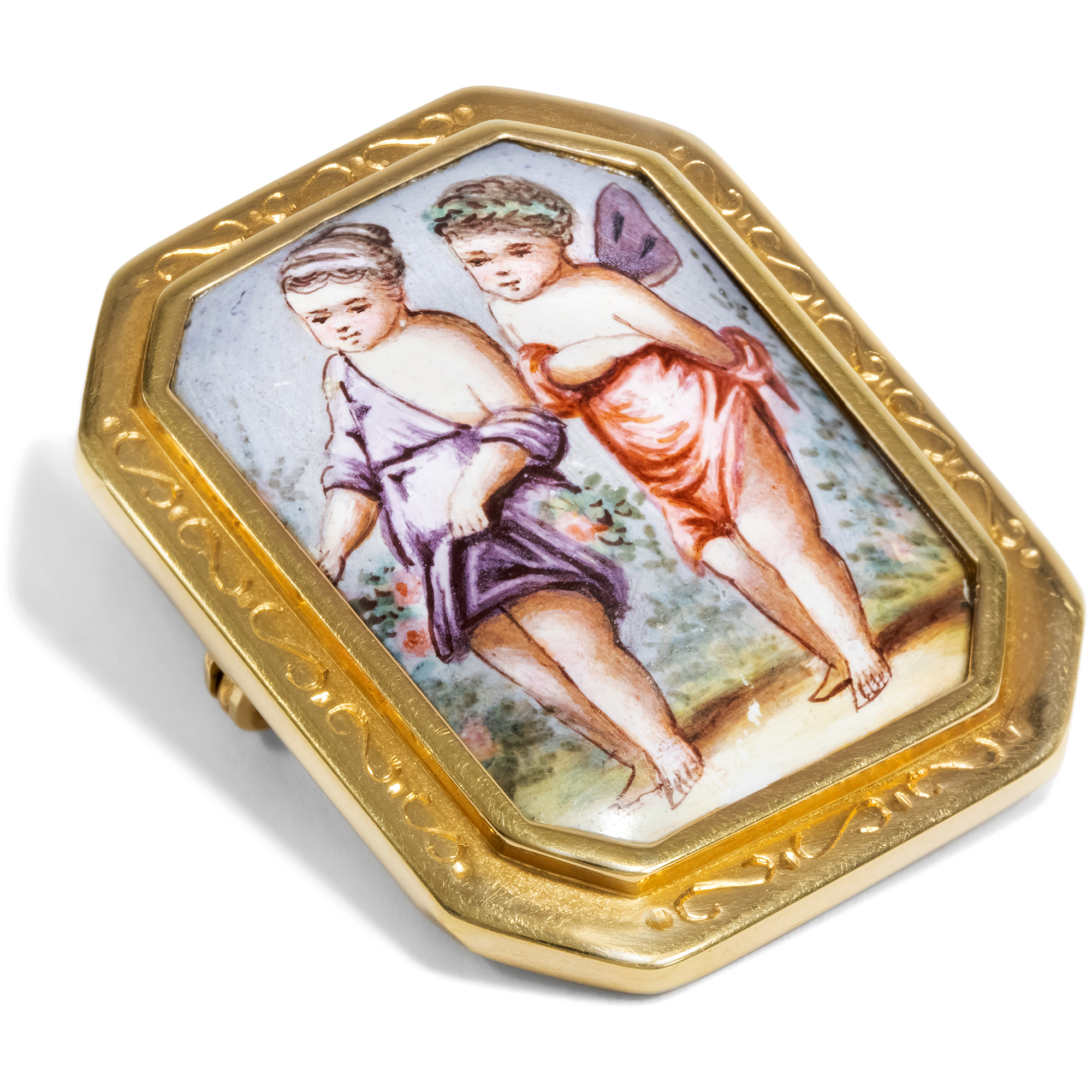 Anrührende Anhänger-Brosche mit Emailmalerei in Gold, um 1880 & später Anrührende Anhänger-Brosche mit Emailmalerei in Gold, um 1880 & später